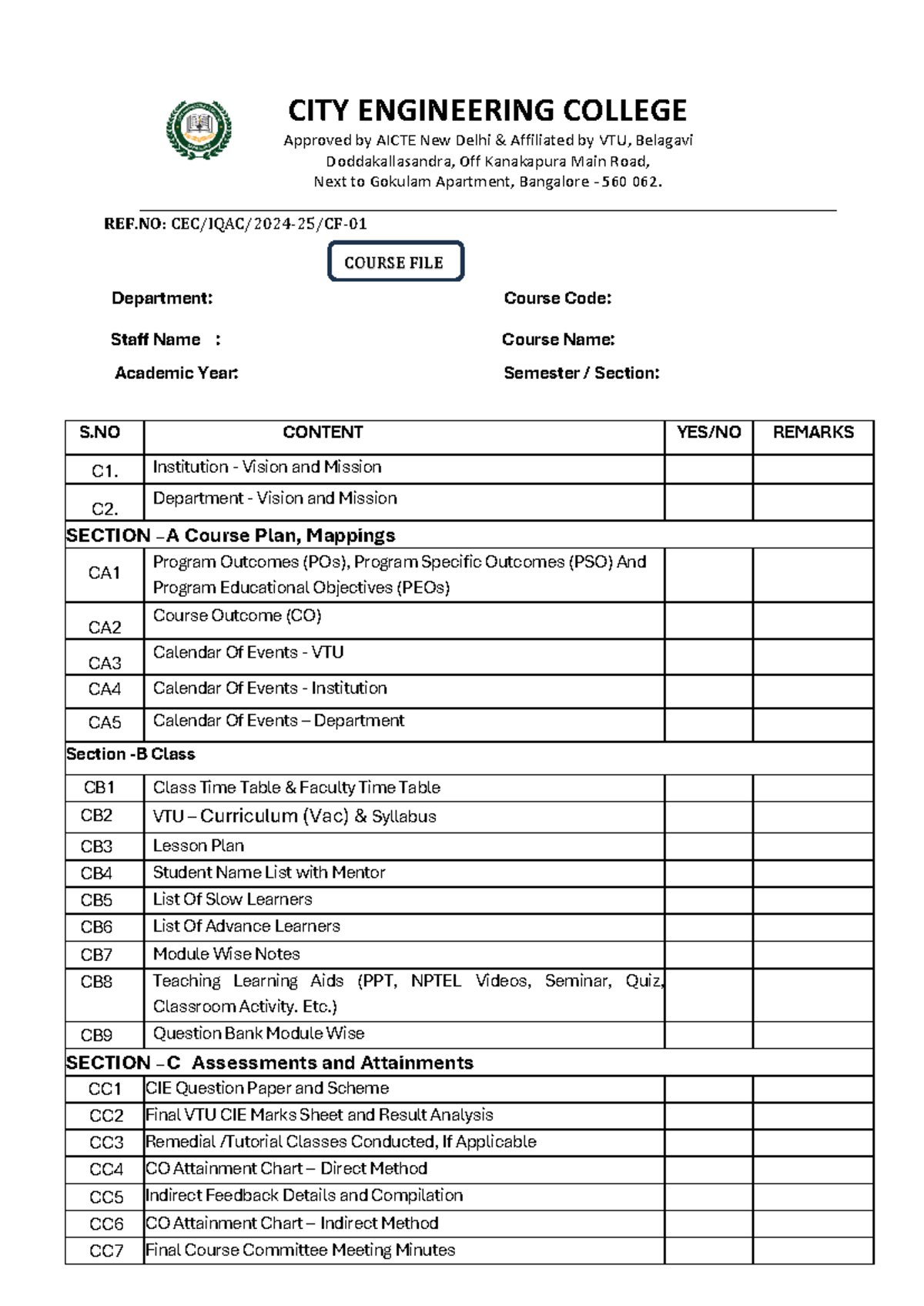 Course File Checklist for VTU Course Code: [Insert Code] - Studocu