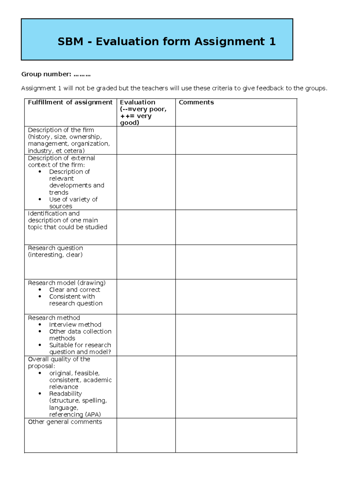 SBM - Assessment Forms for Group Assignments and Feedback - Studeersnel