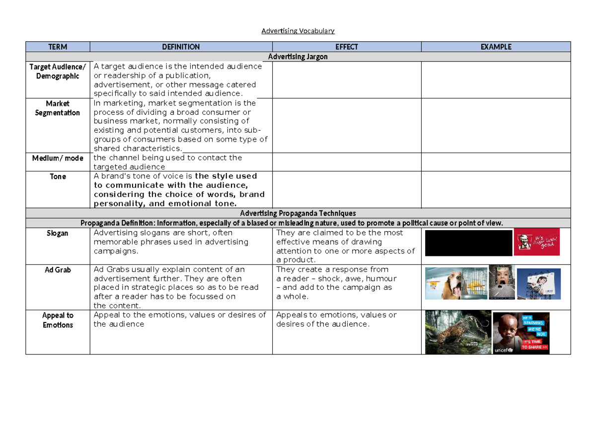 Advertising Vocabulary Booklet: Key Terms & Definitions - Studocu