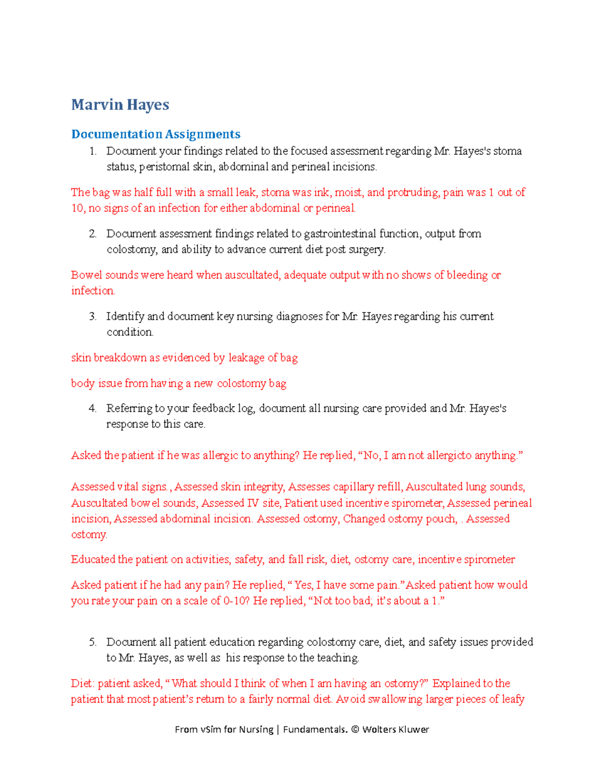 Marvin Hayes Documentation Assignments - Nursing Fundamentals DA - Studocu