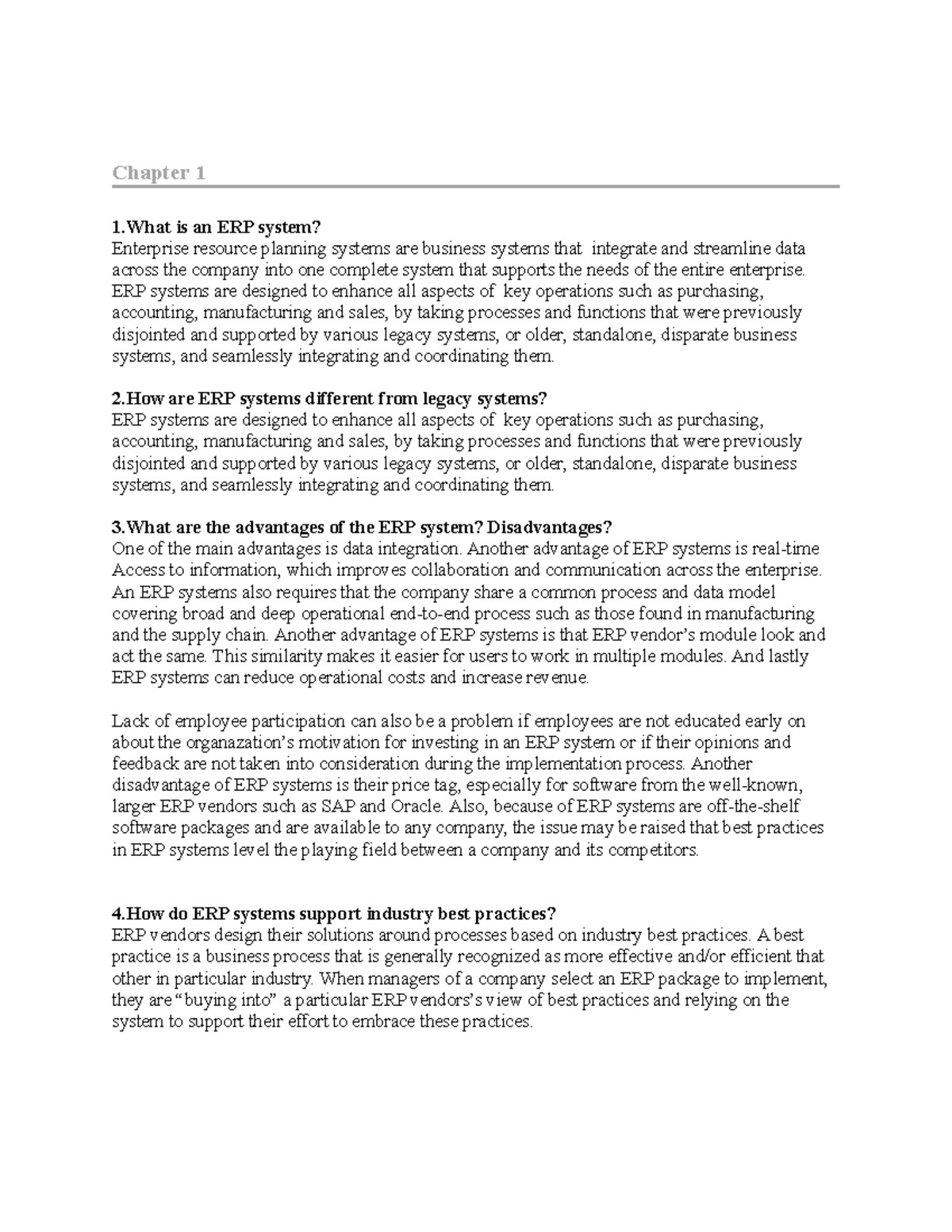 ERP System Overview: Chapter 1 & 2 Summary - Key Concepts Explained ...