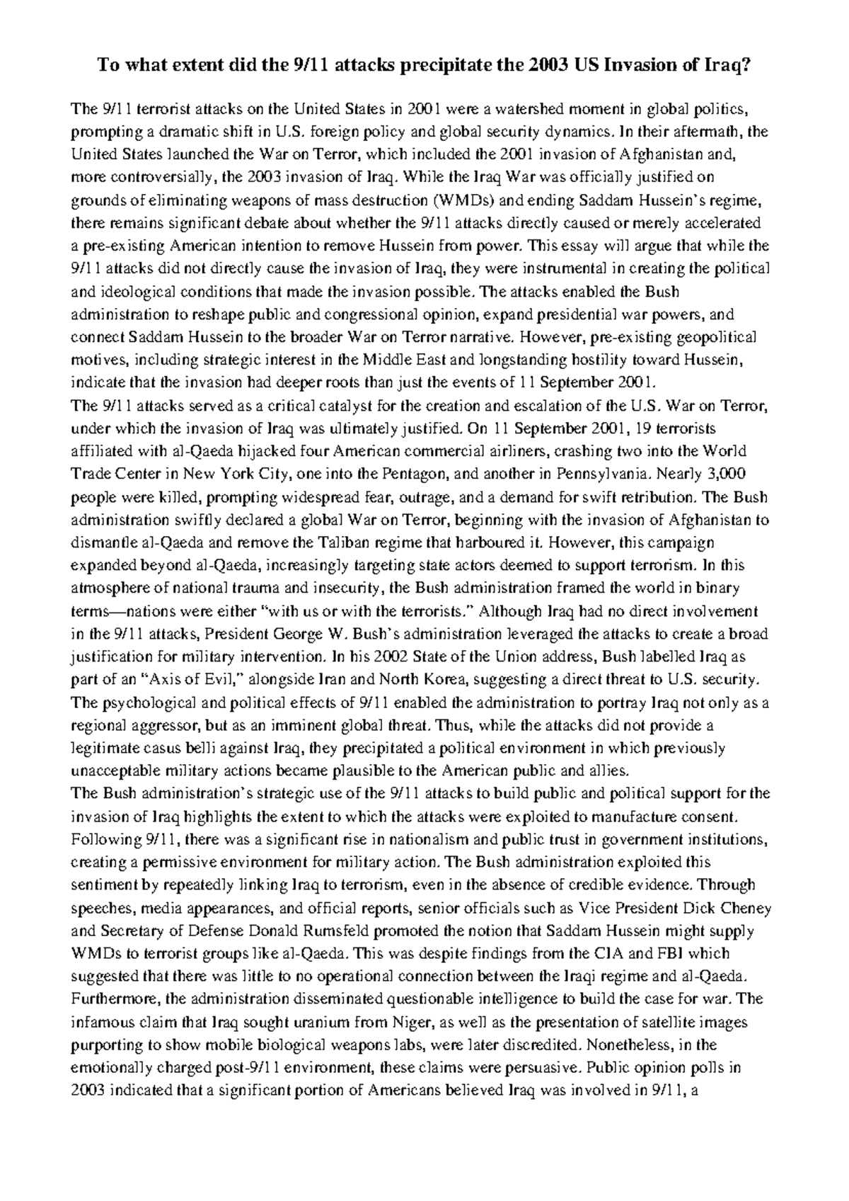 The Impact of 9/11 on the 2003 Iraq War Justification Essay - Studocu