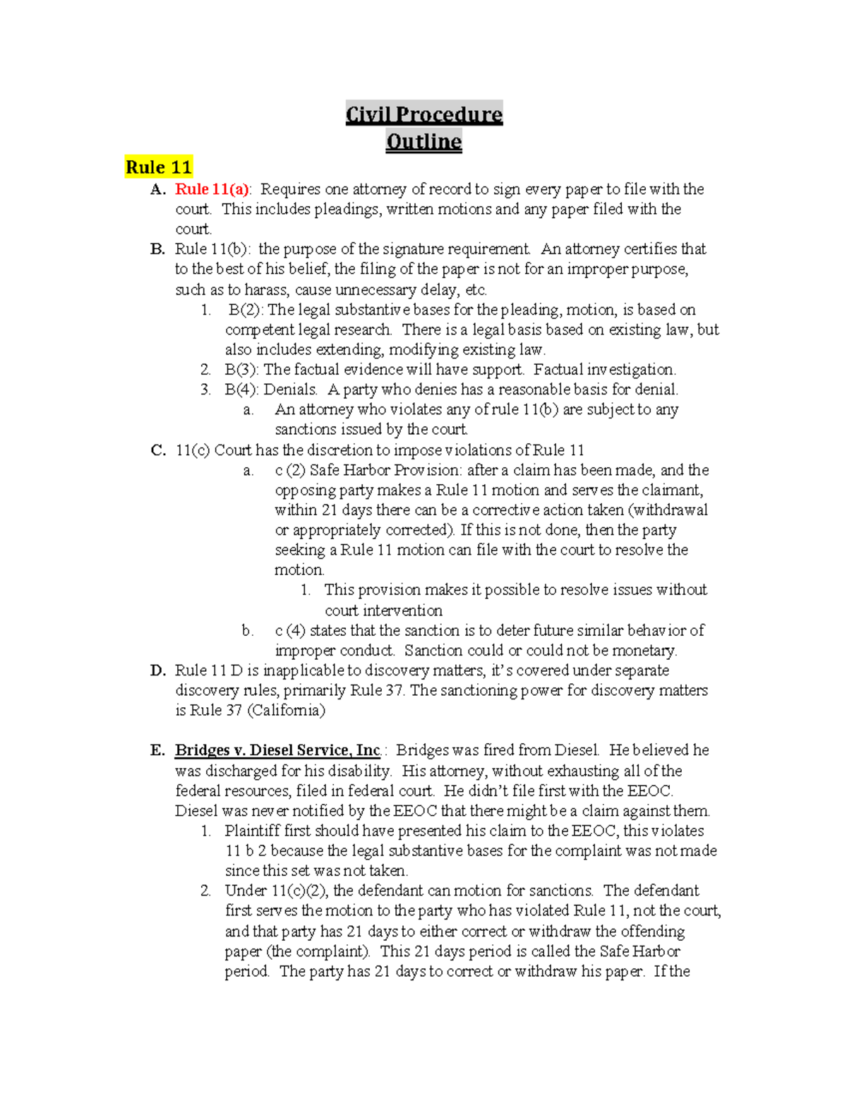 Civil Procedure Outline (CIV PRO) - Subject Matter & Personal
