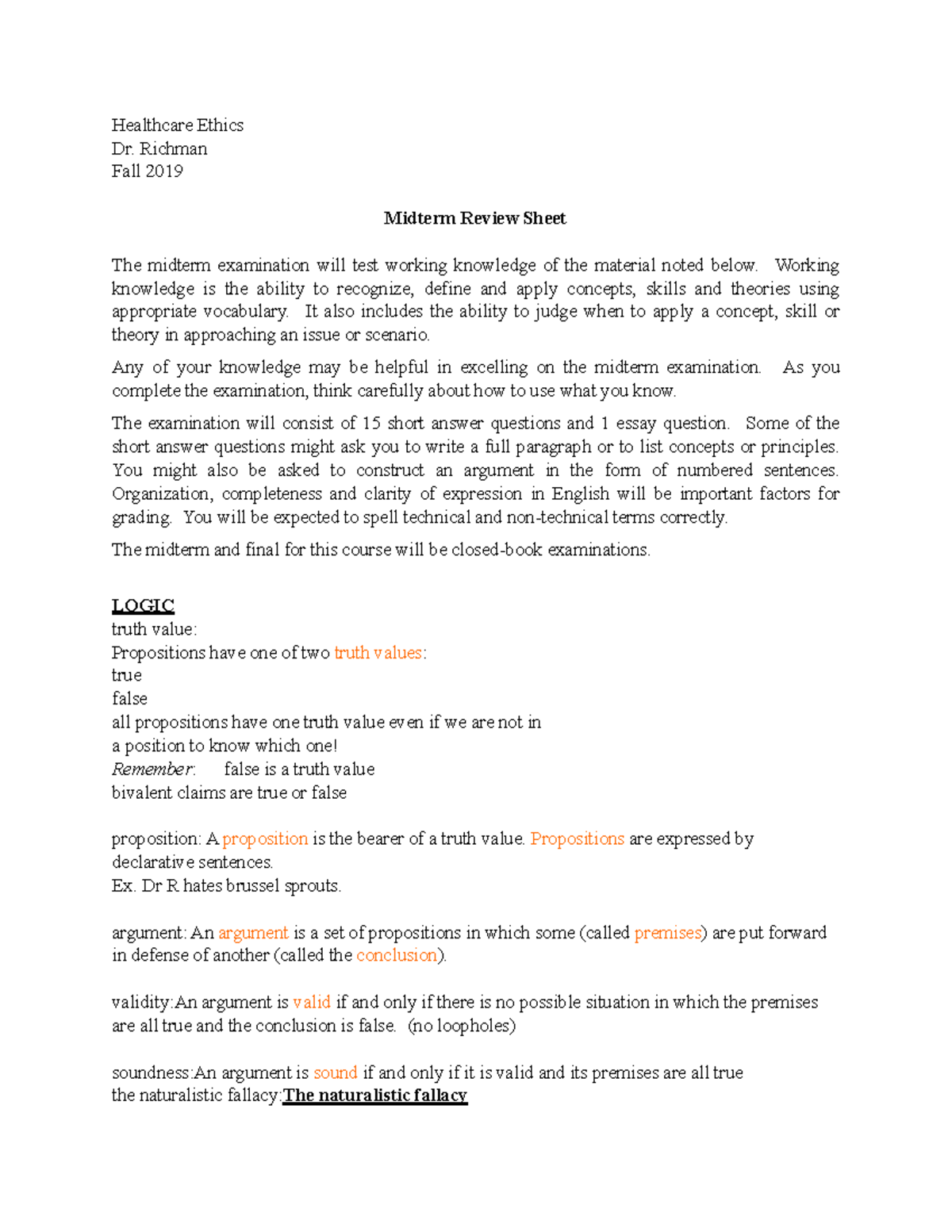 Healthcare Ethics Midterm Review Sheet Fall 19 - Studocu