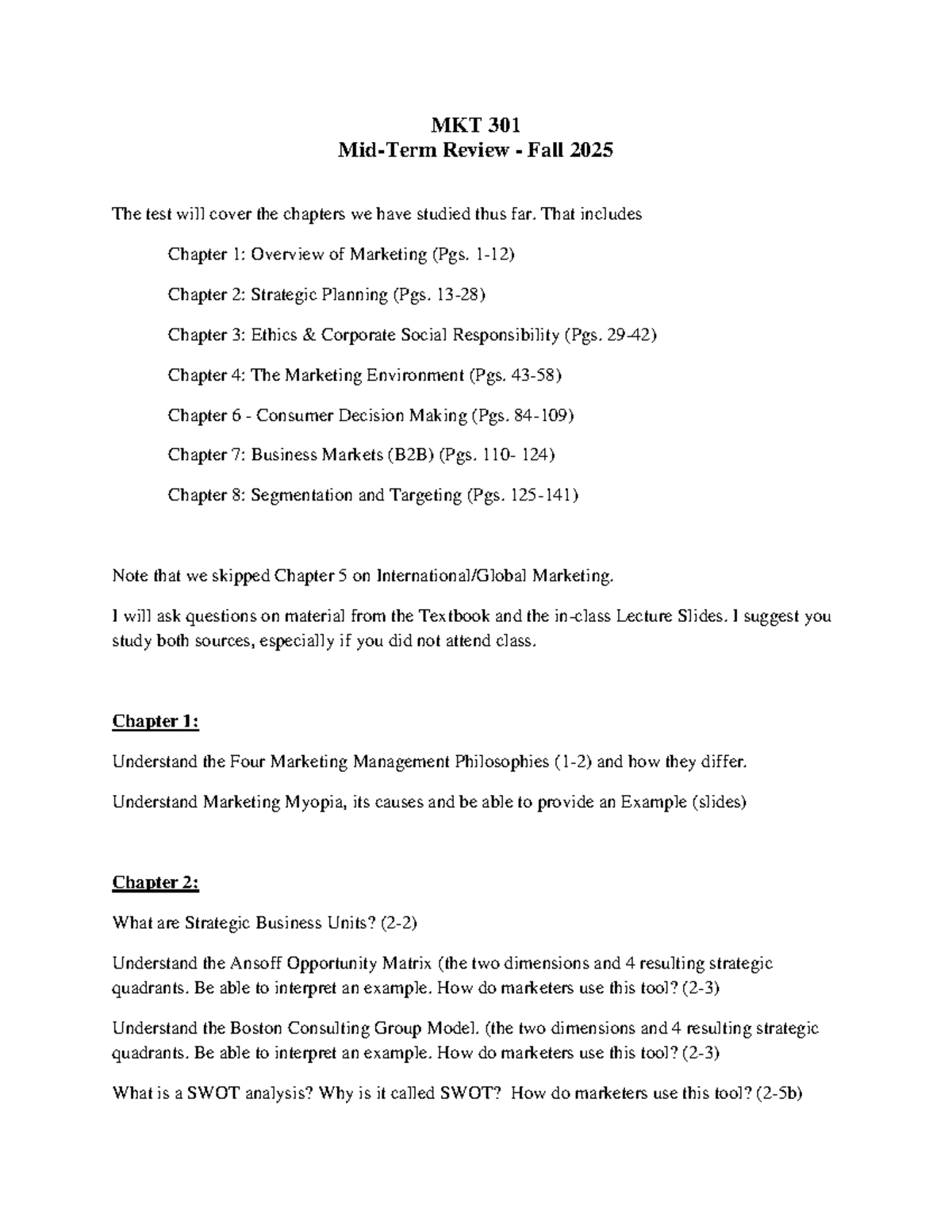MKT 301 Mid-Term Review: Key Concepts & Study Guide - Fall 2025 - Studocu