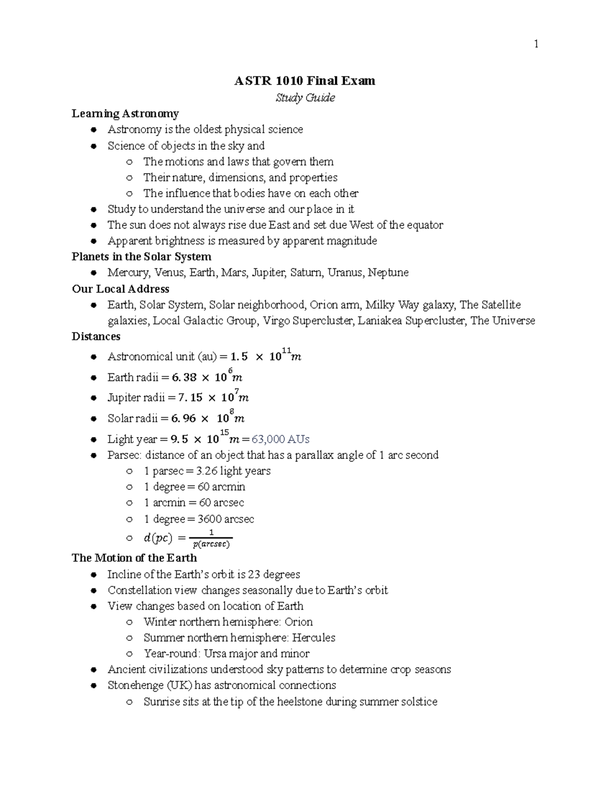 ASTR 1010 Final Exam Study Guide: Key Concepts in Astronomy - Studocu