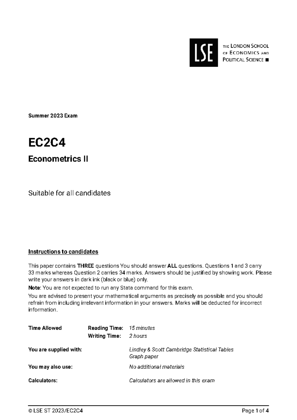 Summer 2023 EC2C4 Econometrics II Final Exam Paper - Studocu