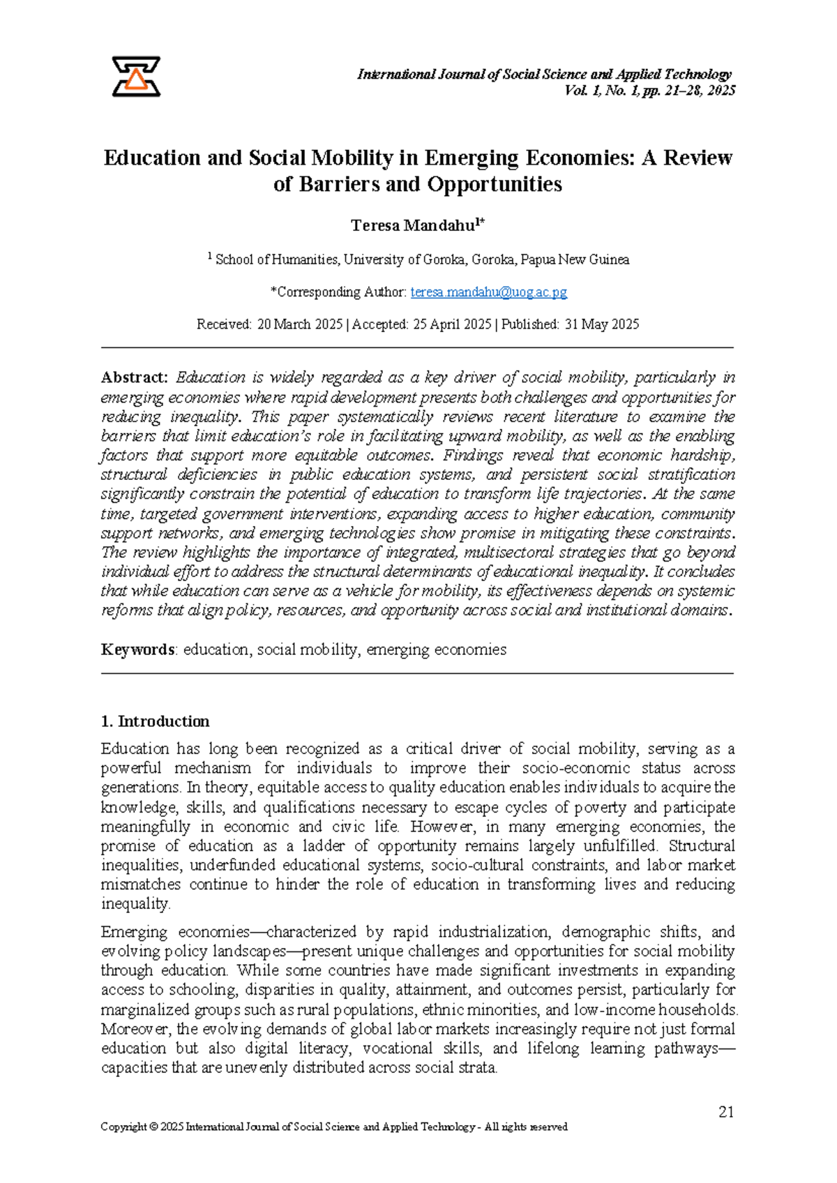Education and Social Mobility in Emerging Economies: Barriers ...