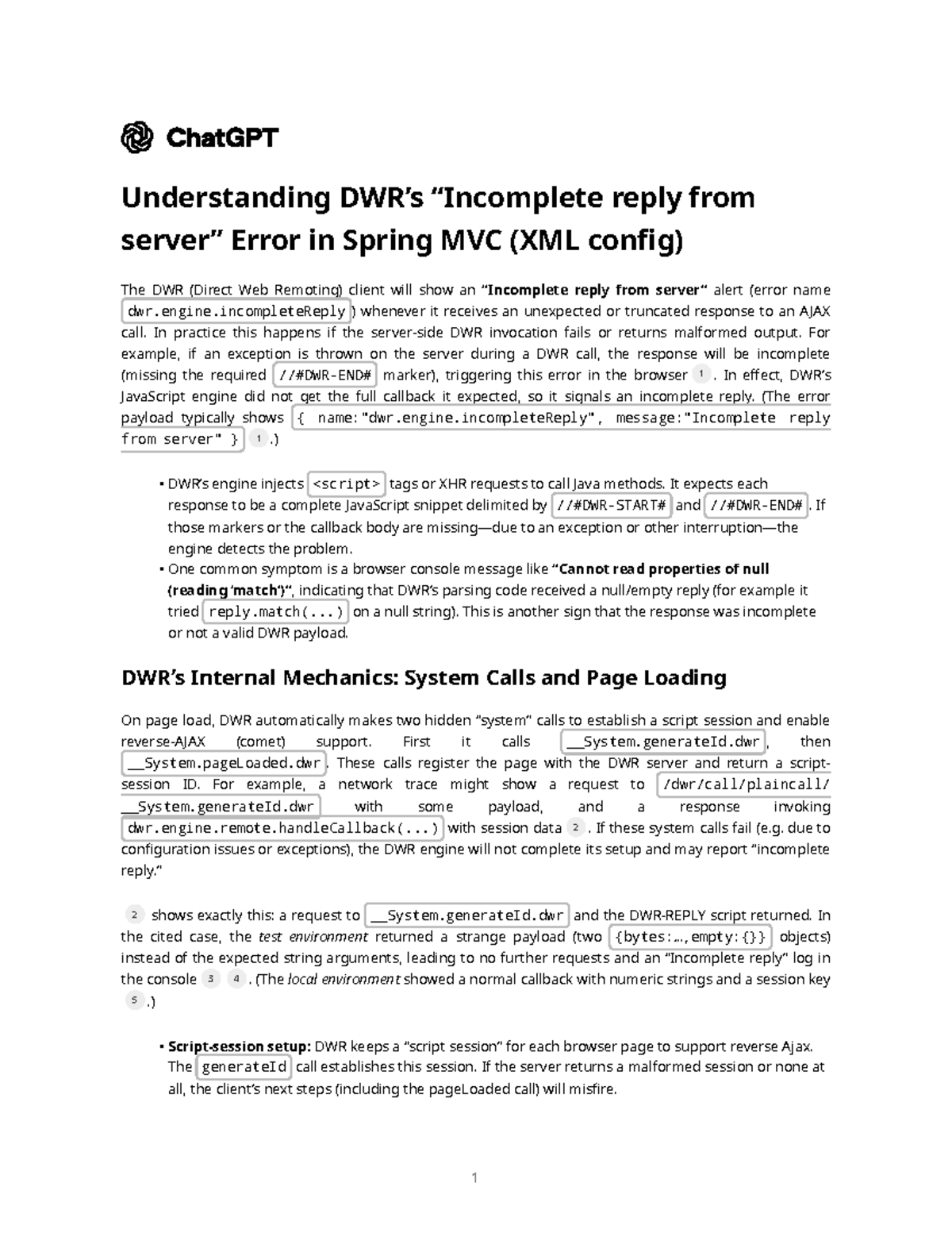 Understanding DWR's Incomplete Reply Error in Spring MVC (XML Config ...