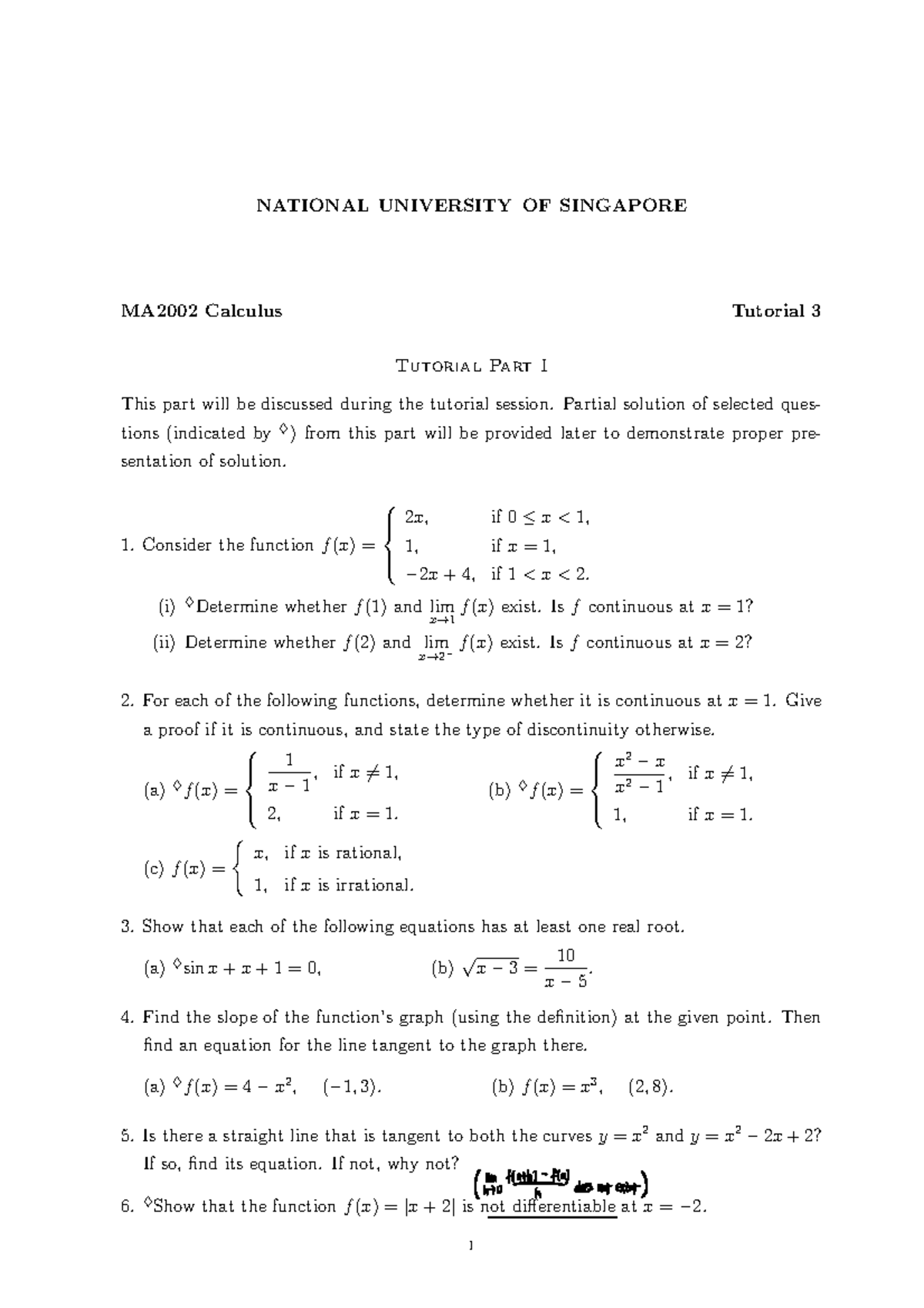 MA2002 Tutorial 3 - NATIONAL UNIVERSITY OF SINGAPORE MA2002 Calculus ...