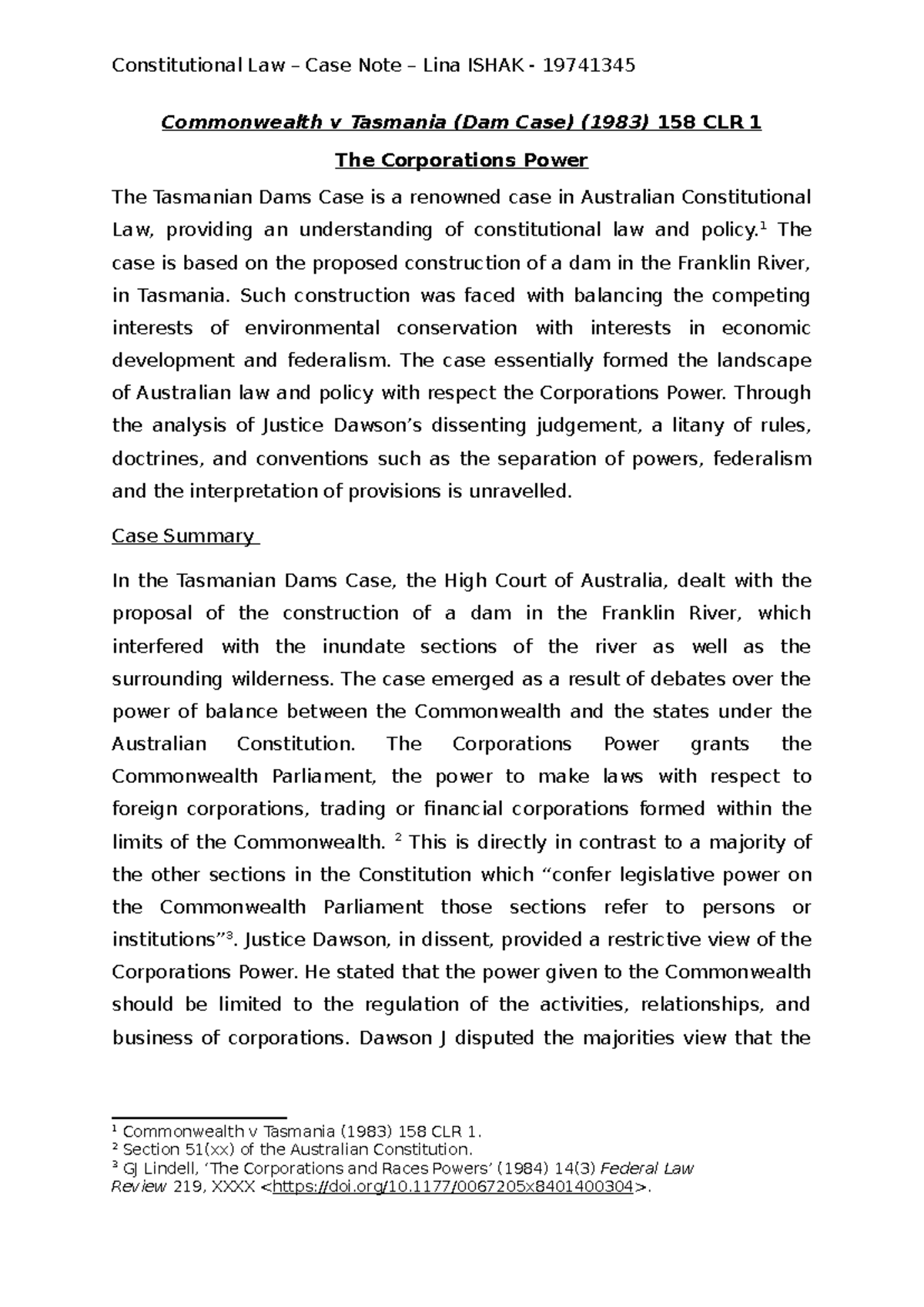 Constitutional Law - Case Study on Commonwealth v Tasmania (Dam Case ...