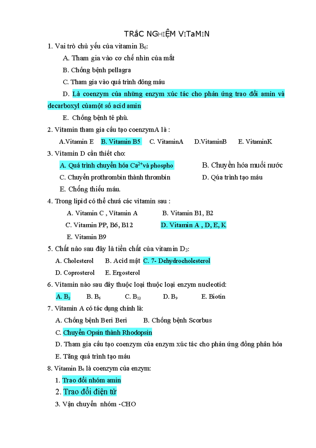 Trắc Nghiệm Vitamin (Môn 7) - Những Kiến Thức Cần Thiết - Document Preview