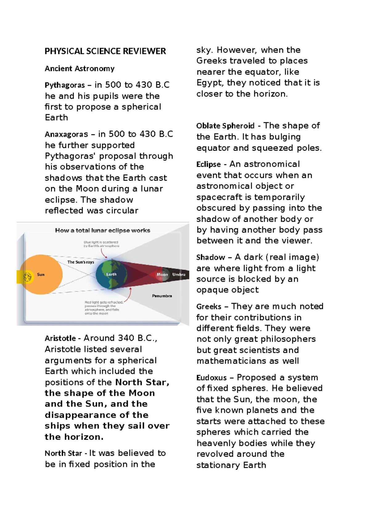 PHYSICAL SCIENCE REVIEWER: Ancient Astronomy and Motion Principles ...