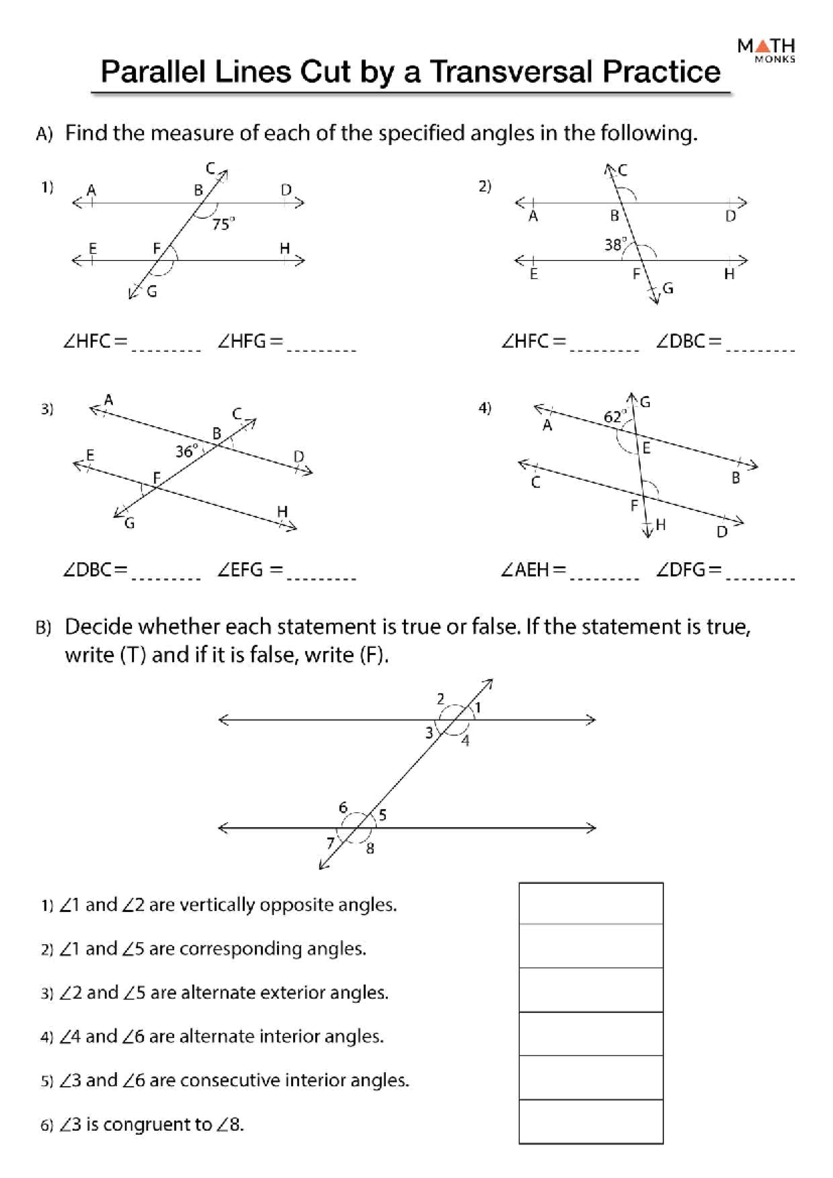 MATH MONKS MATH 101 Parallel Lines Cut by a Transversal Worksheet - Studocu