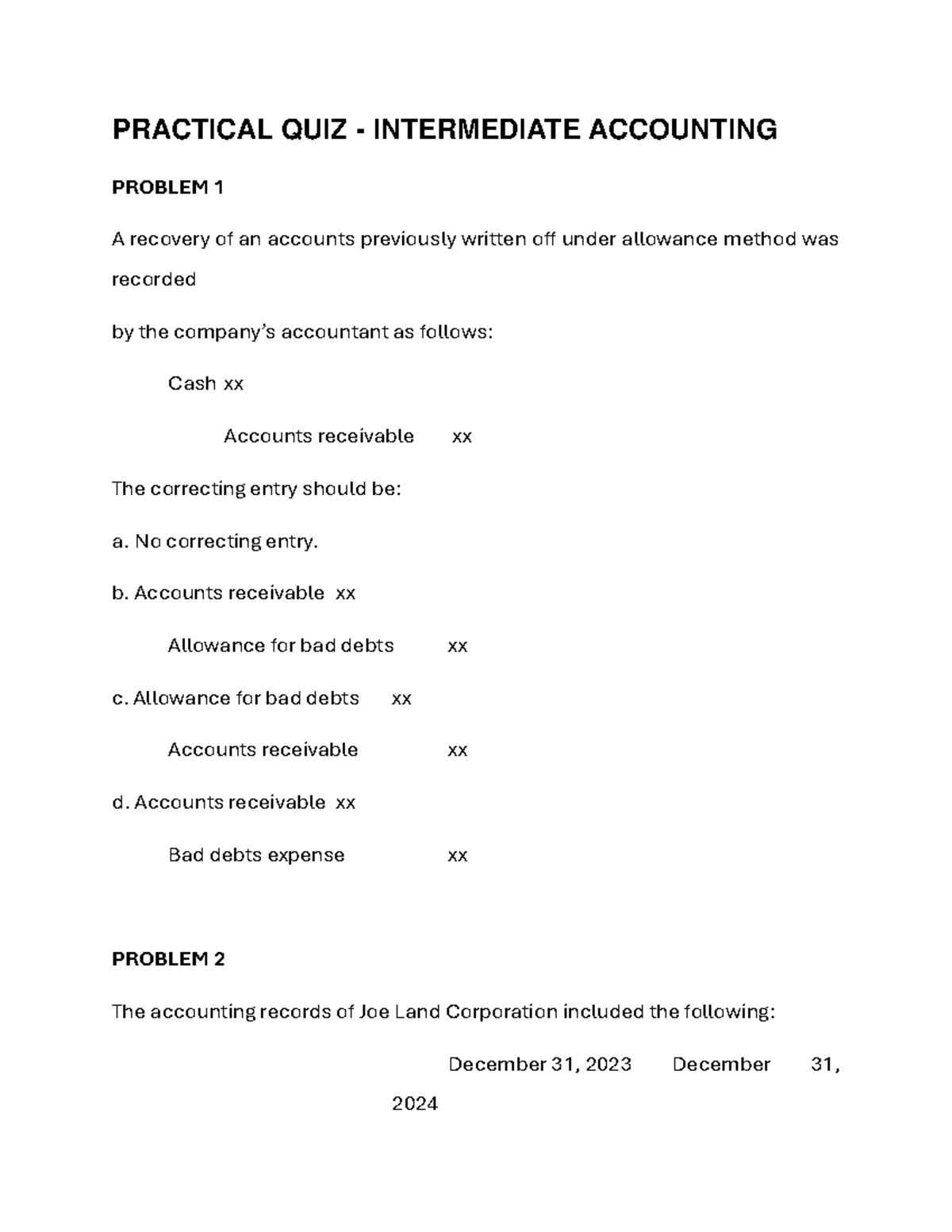 Practical Quiz - Intermediate Accounting 1: Key Problem Solutions - Studocu