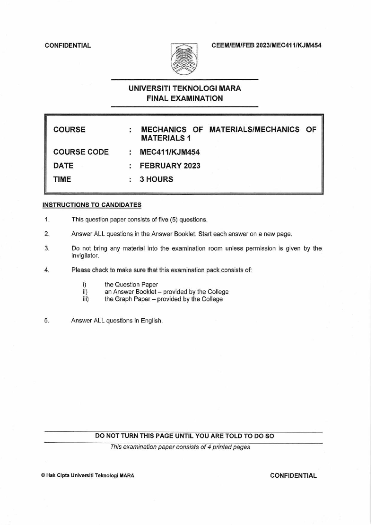 MEC411 Final Exam Paper - Mechanics of Materials 1 (Feb 2023) - Studocu