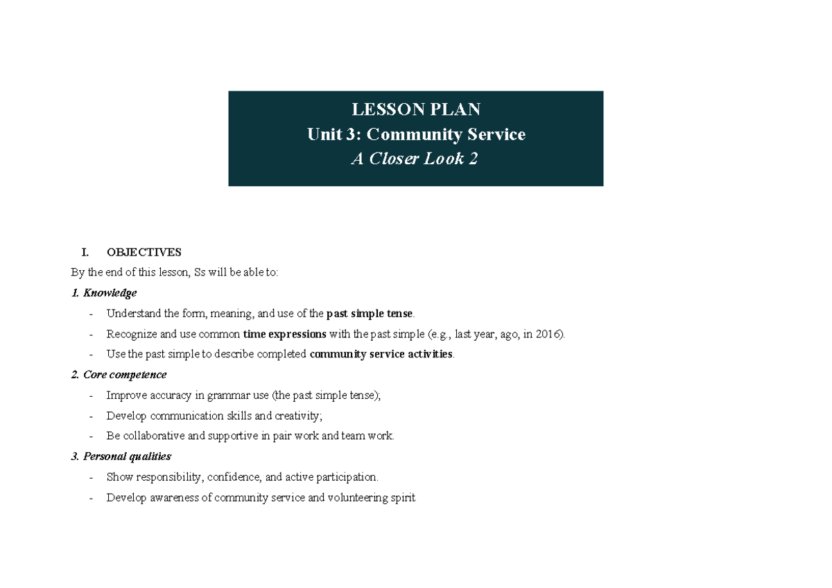 Unit 3: Community Service Lesson Plan - Past Simple Tense Focus - Studocu