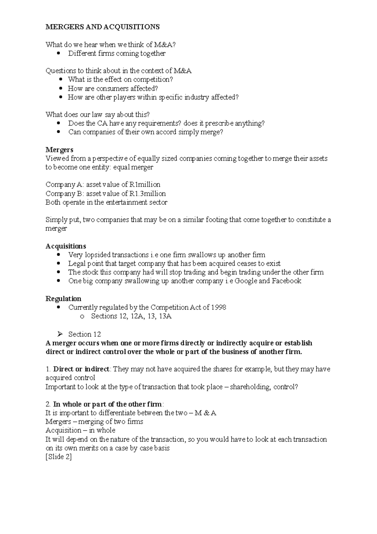 Mergers and Acquisitions Topic 5 Lecture Notes (M&A 101) - Studocu