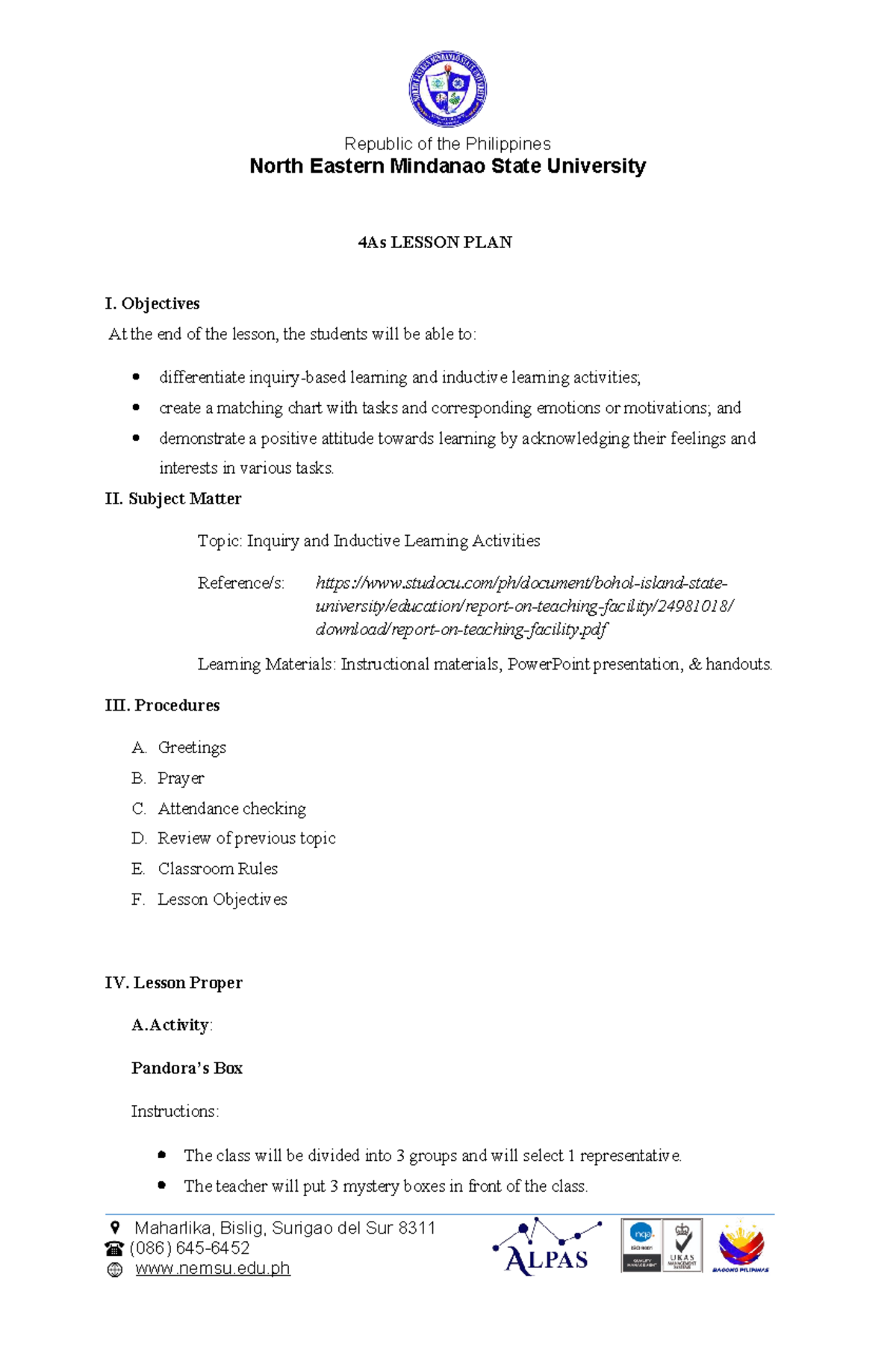 Educ 7: Lesson Plan on Inquiry & Inductive Learning Activities - Studocu