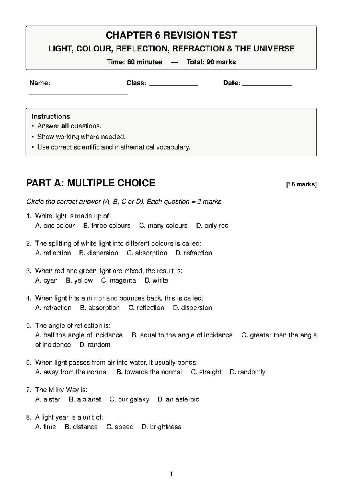 CHAPTER 6 REVISION TEST: LIGHT, COLOUR, REFLECTION & REFRACTION - Studocu