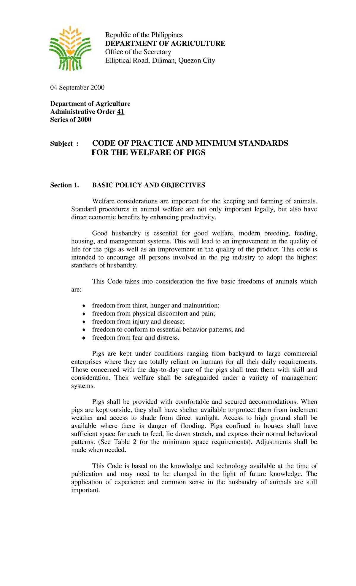 AO 41 - Code of Practice for the Welfare of Pigs in the Philippines ...