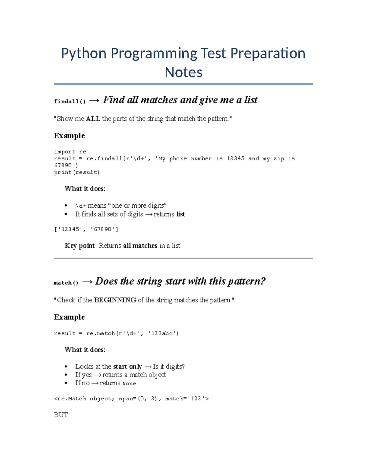 Python Programming Test Prep Notes: Regex Functions and Usage - Studocu