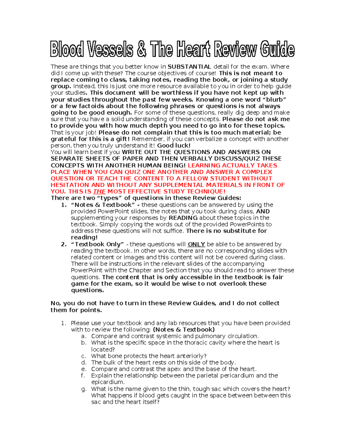 Module 3 Circulatory System: Heart & Blood Vessels Exam Review Guide ...