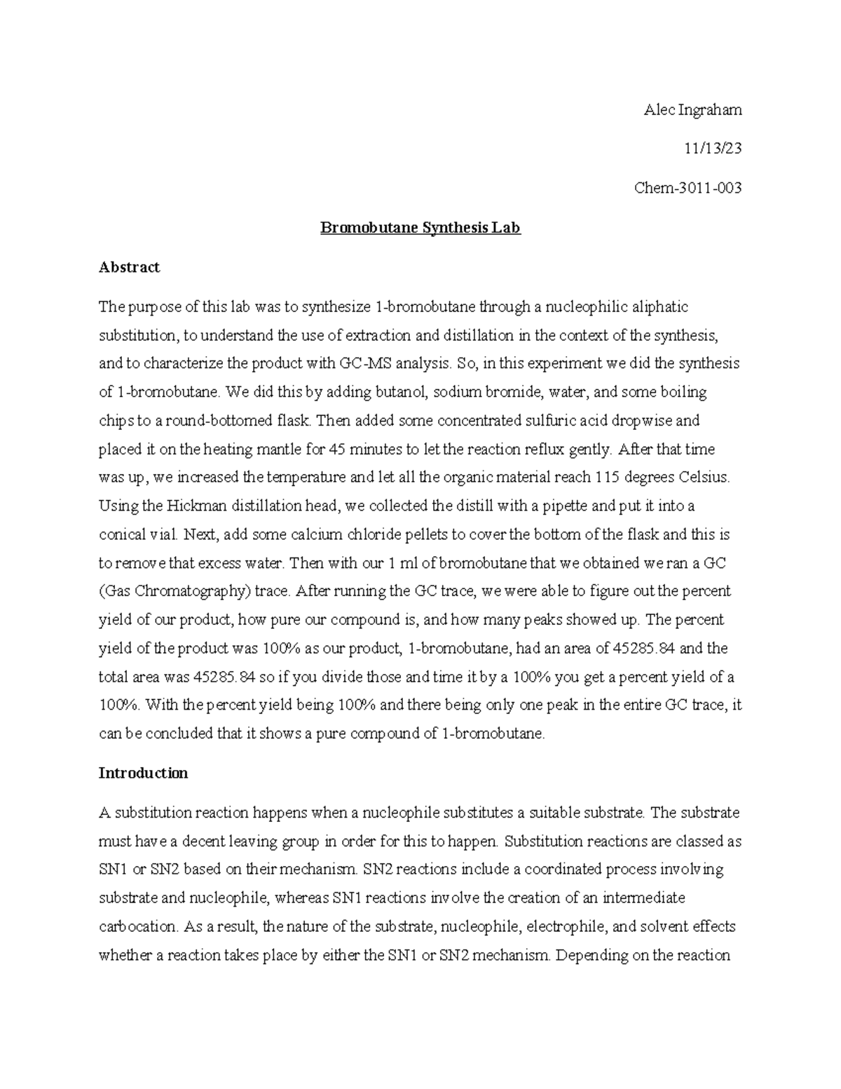 Chem-3011: Lab Report on 1-Bromobutane Synthesis and Analysis - Studocu