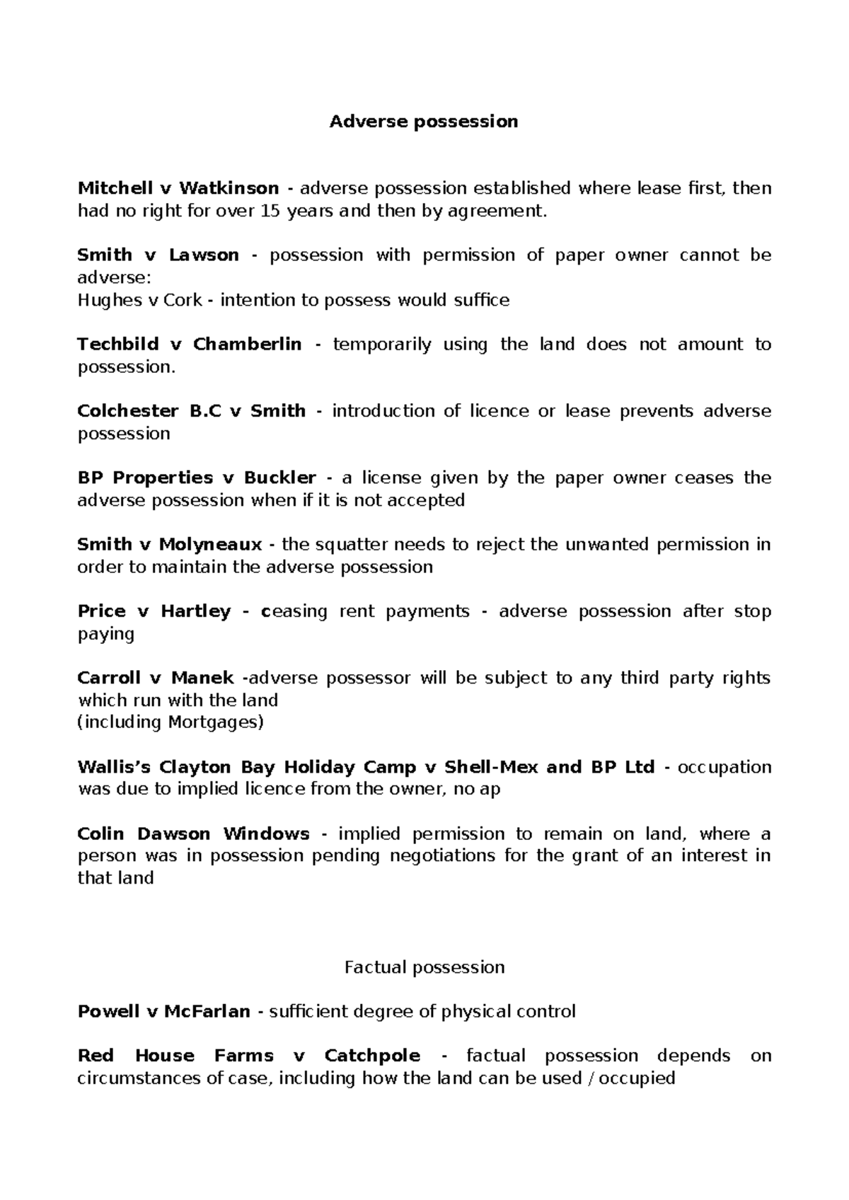 Adverse Possession Case List - AP: Key Cases and Legal Principles - Studocu