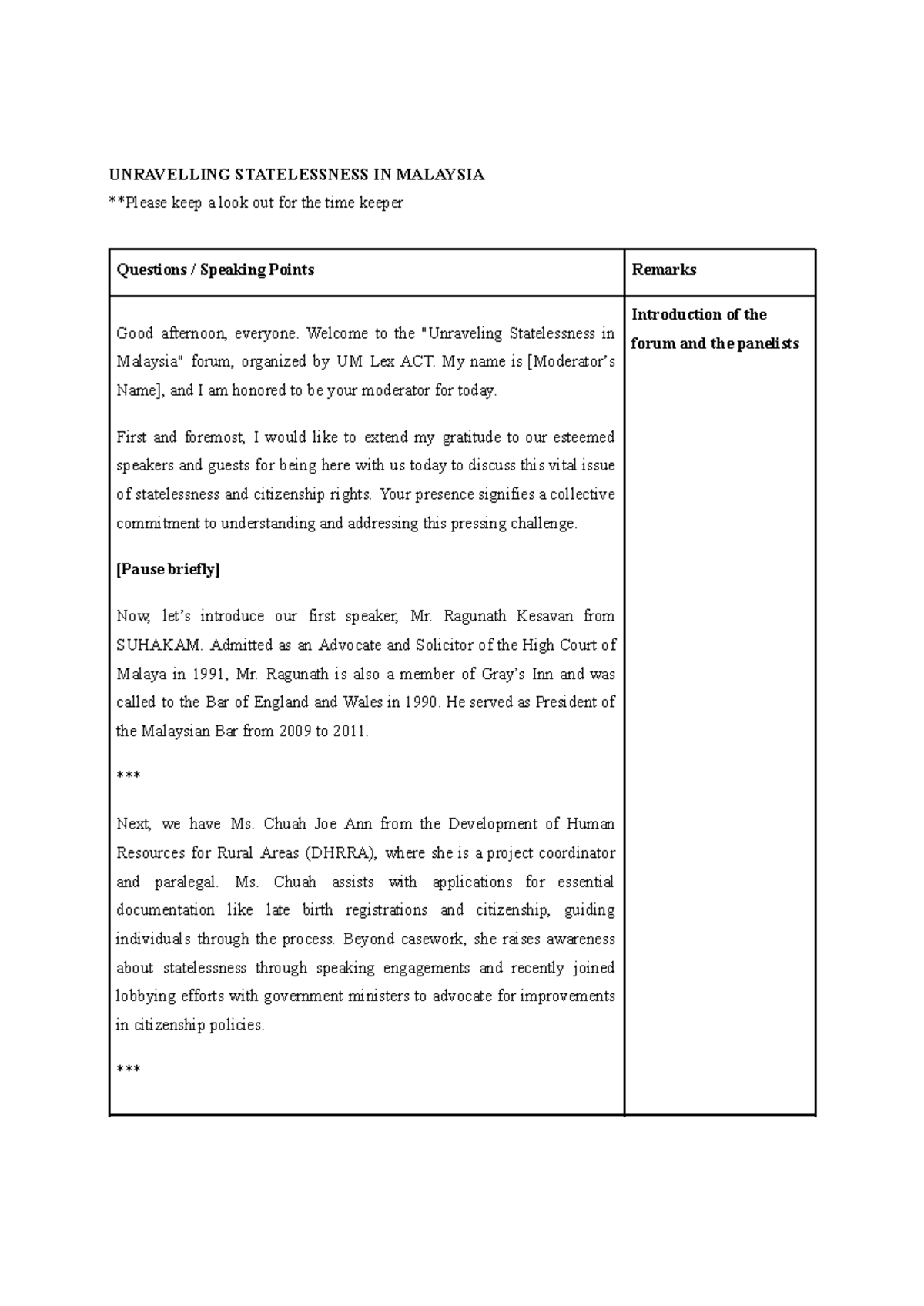 Moderator's Script for the Forum on Statelessness in Malaysia - Studocu