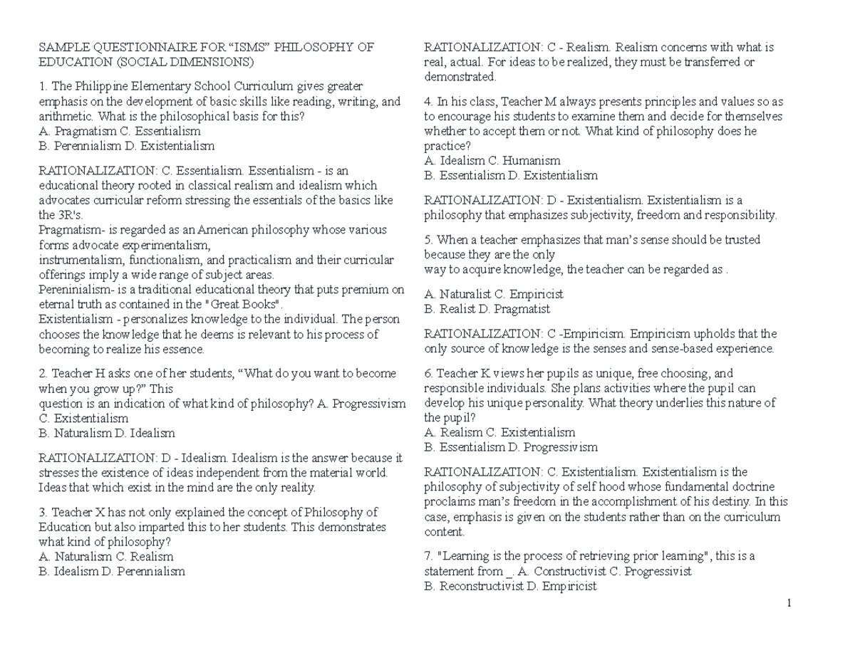 SAMPLE QUESTIONNAIRE FOR PHILOSOPHY OF EDUCATION (SOCIAL DIMENSIONS ...