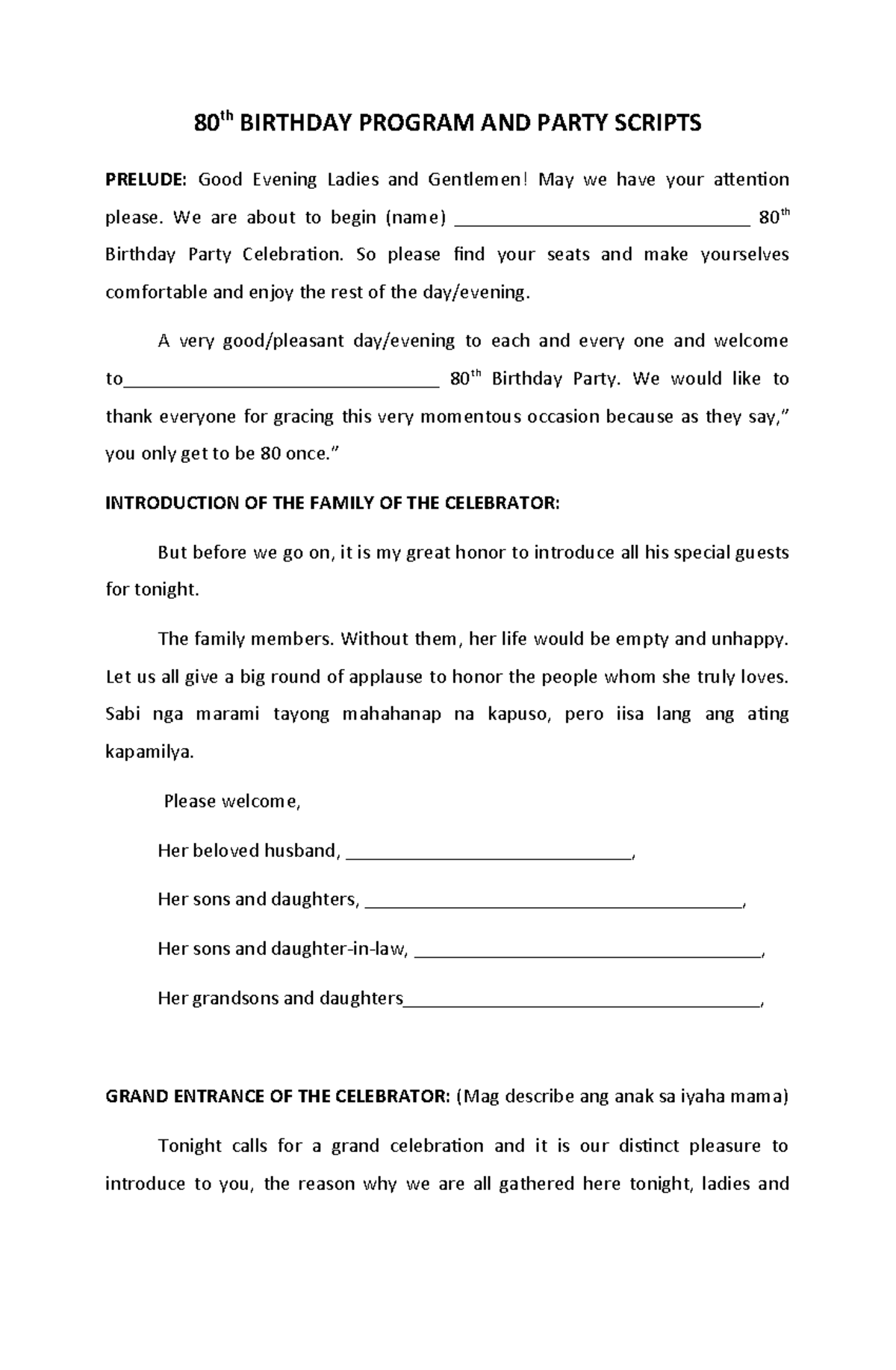 85th Birthday Celebration Program and Party Scripts - Studocu