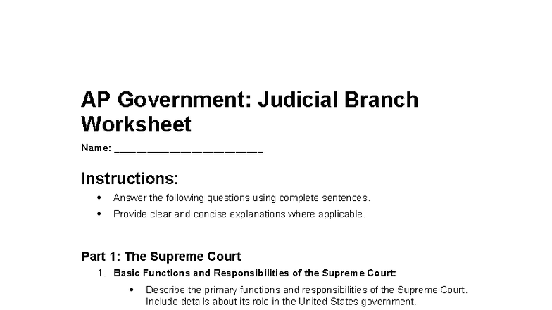 AP Gov: Judicial Branch Worksheet Overview & Key Concepts - Studocu