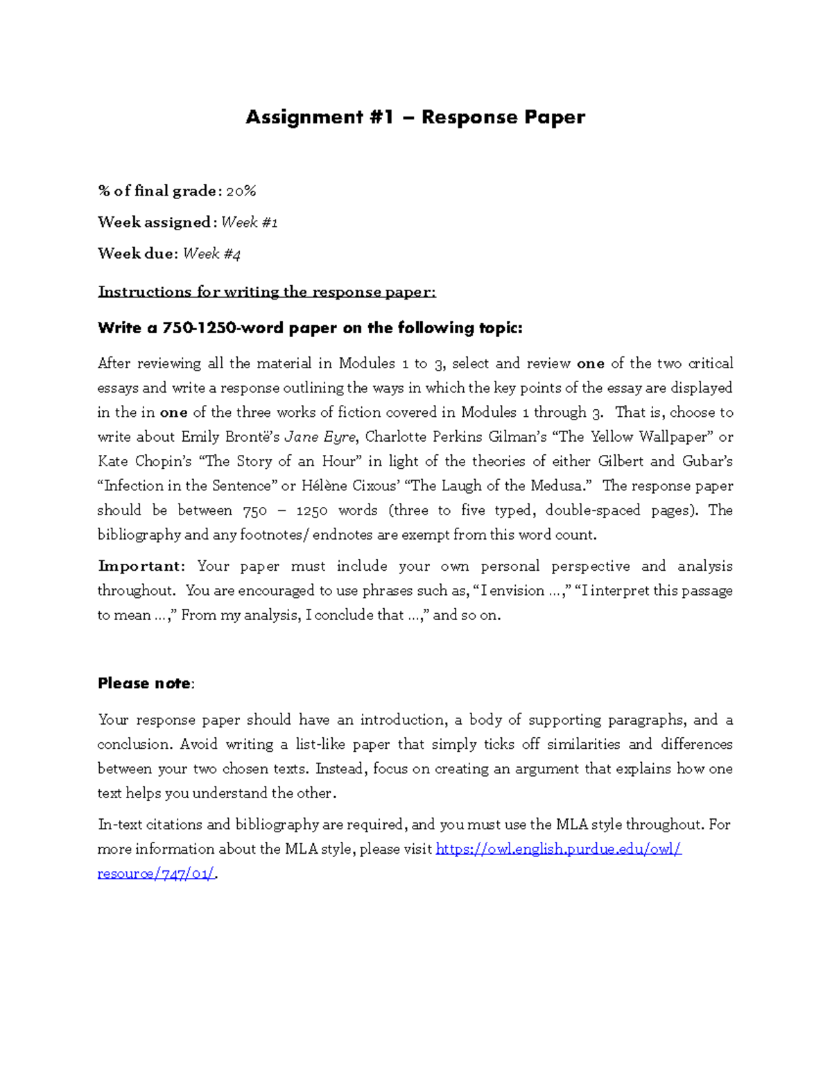 ENG 202 - Assignment 1 Guidelines for Response Paper - Studocu