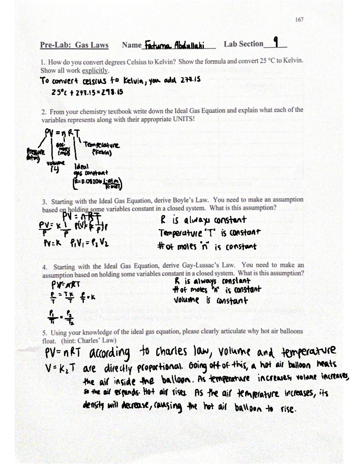 Gas Laws Lab Manual: Pre-Lab Exercises and Derivations - Studocu
