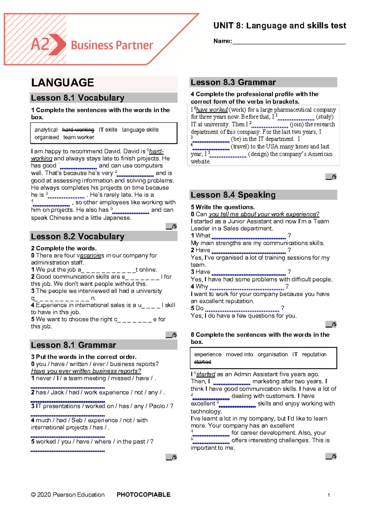 Business Partner A2 Unit 8: Language and Skills Test - Studocu
