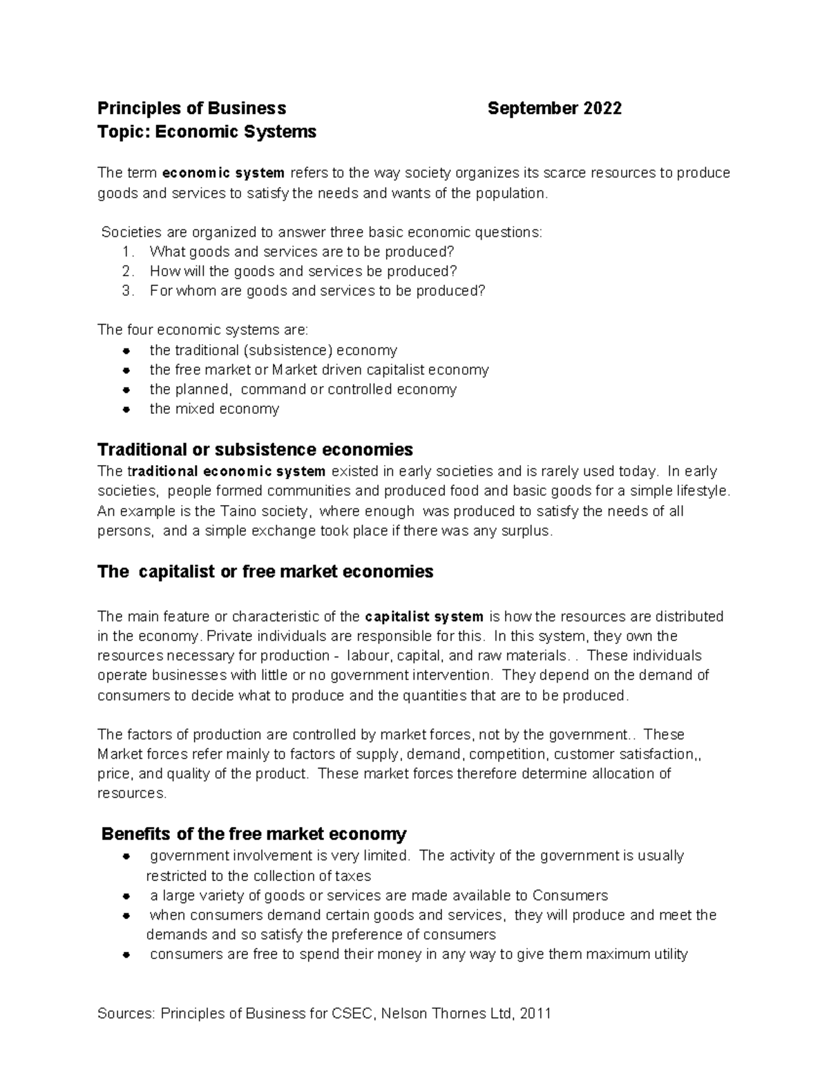 CSEC Principles of Business: Economic Systems Overview - Studocu