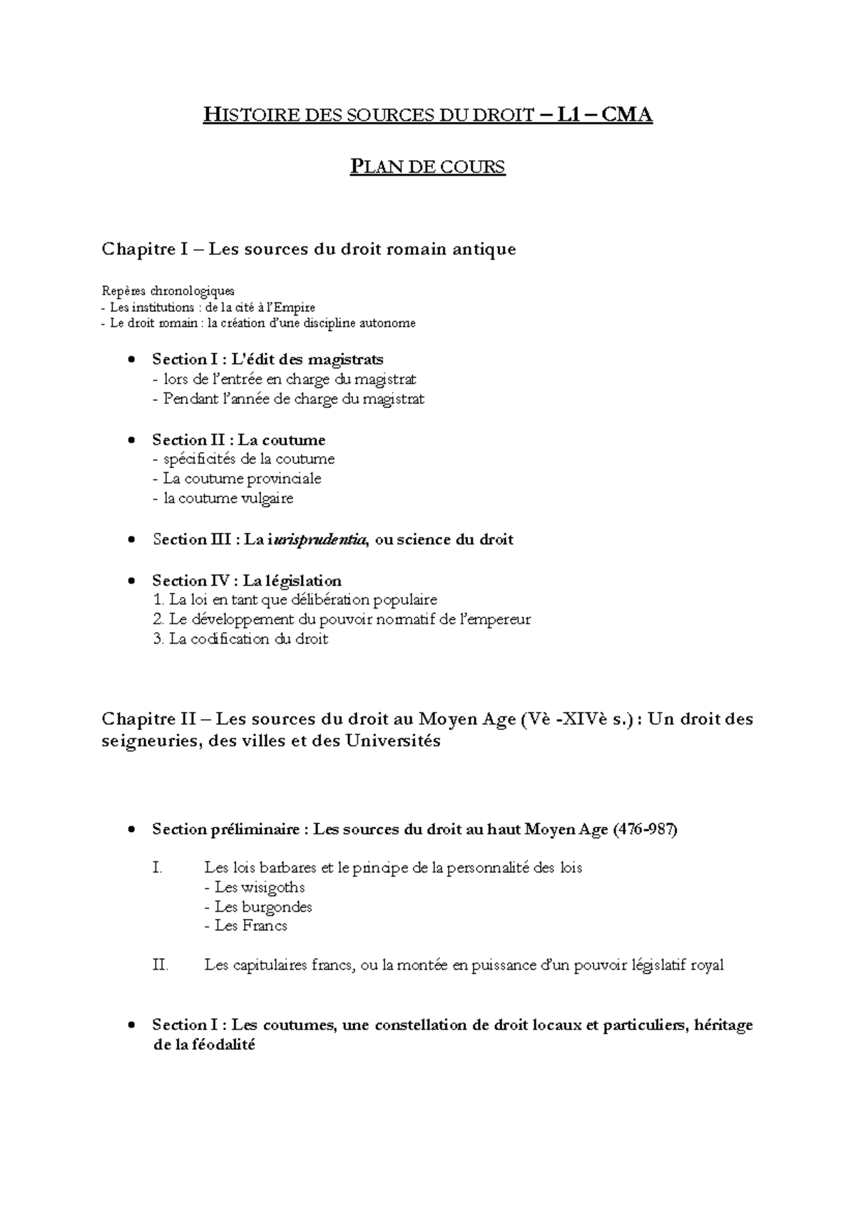 HISTOIRE DES SOURCES DU DROIT L1 CMA - Plan de Cours 2025-26 - Studocu