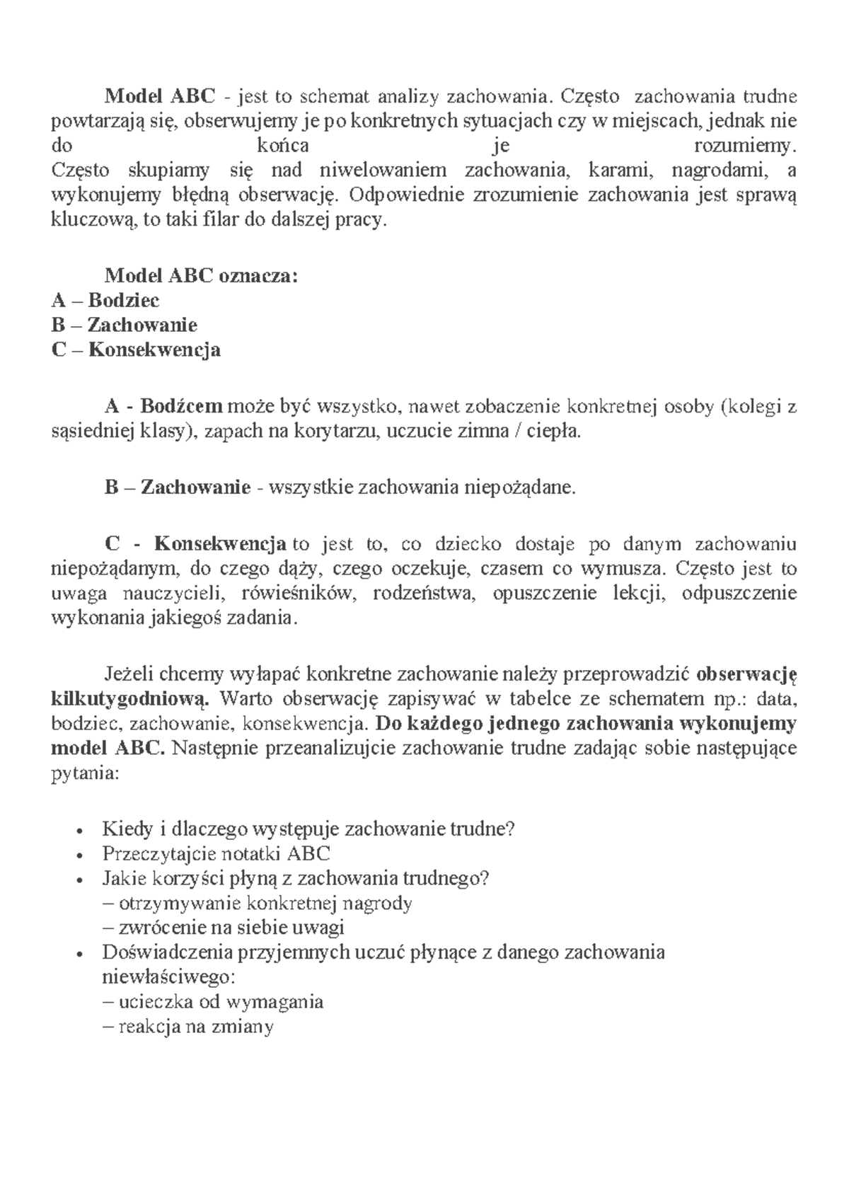 Model ABC: Klucz do Analizy Trudnych Zachowań w Edukacji - Studocu