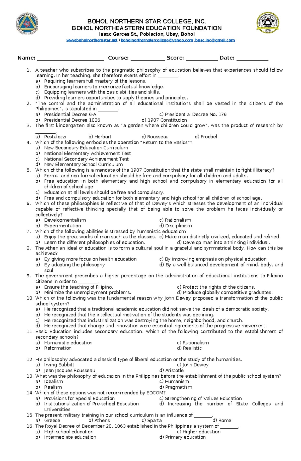 EDUC 101: Reviewer Set 5 for Educational Philosophy and Practices - Studocu