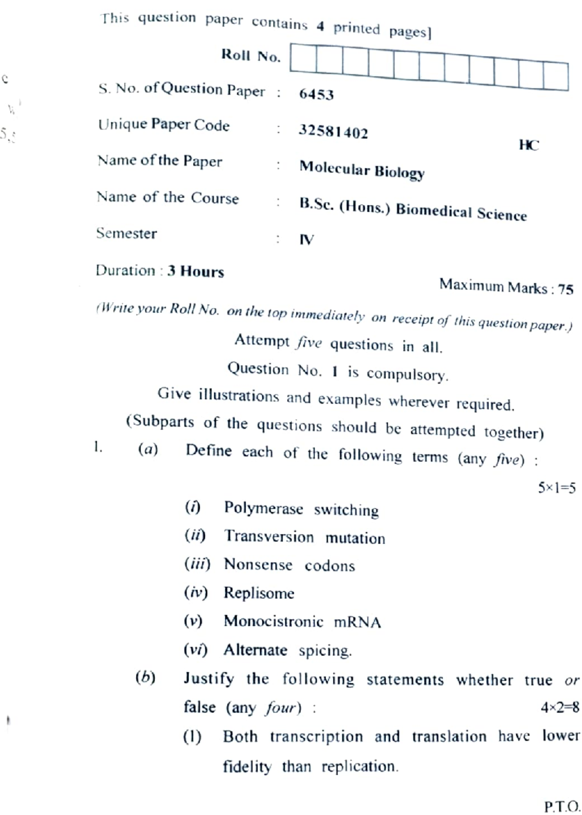 Molecular Biology PYQs for B.Sc. (Hons.) Biomedical Science 6453 - Studocu