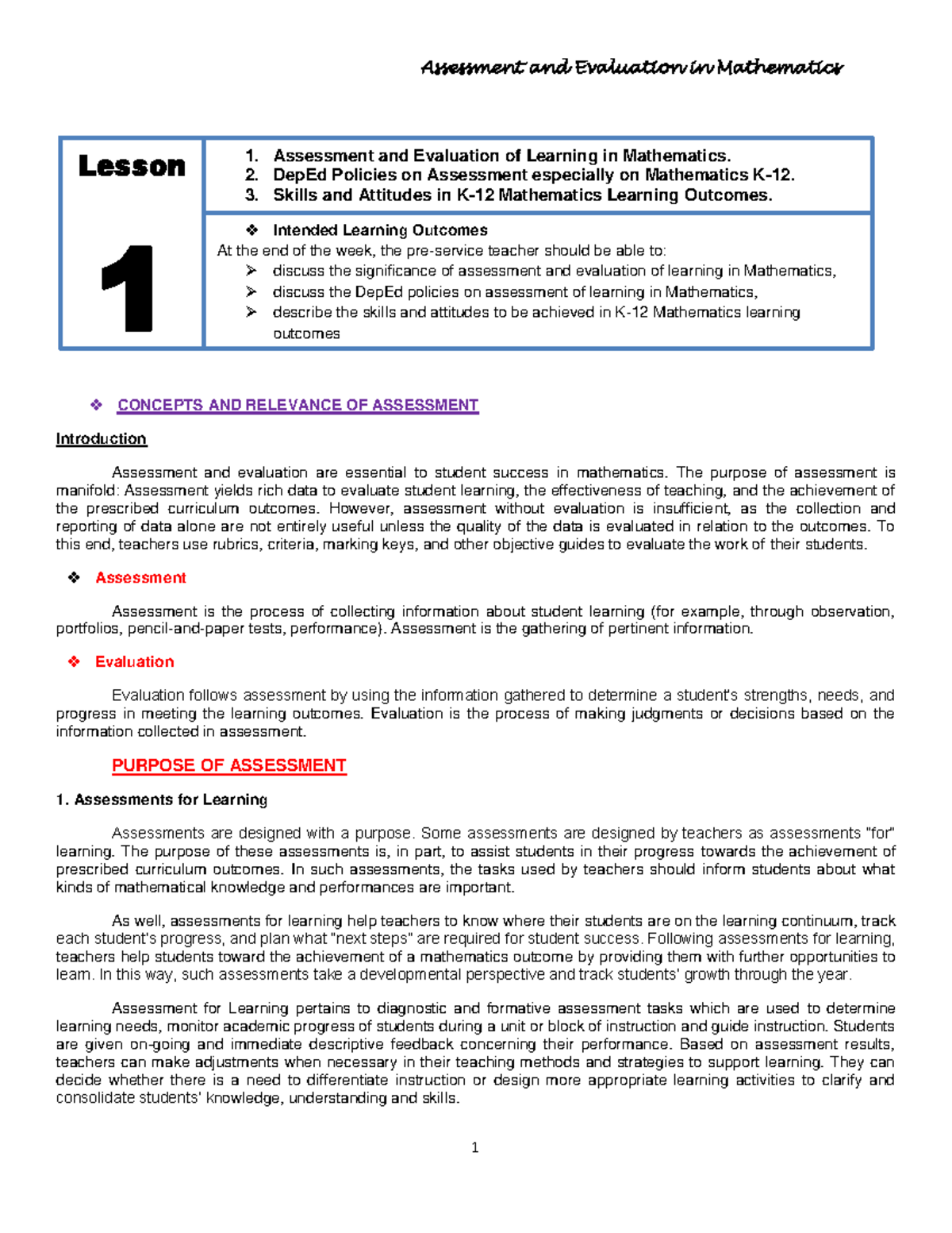 Lesson 1 M117: Assessment and Evaluation in Mathematics Essentials ...