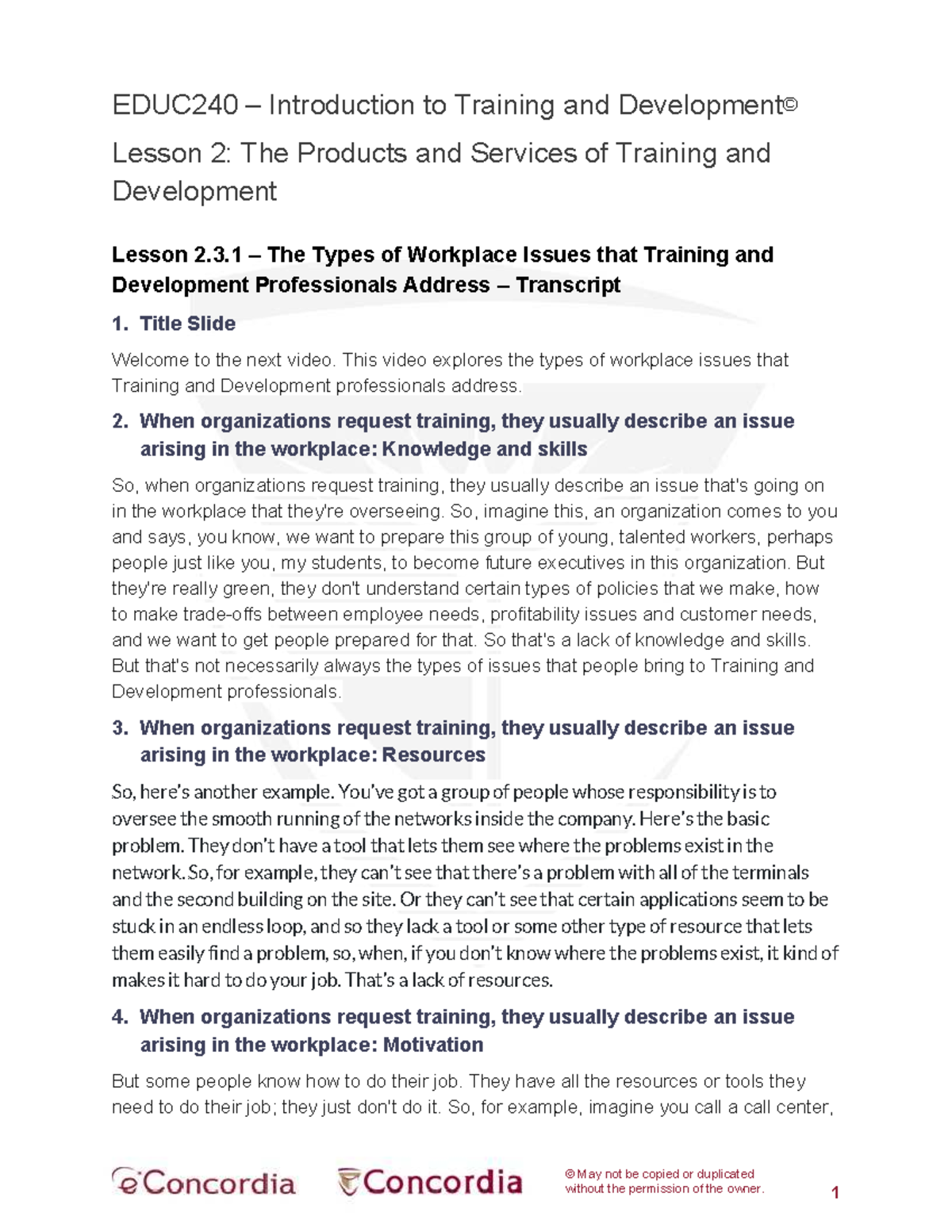 EDUC240 L2.3.1 Types of Workplace Issues in Training & Development ...