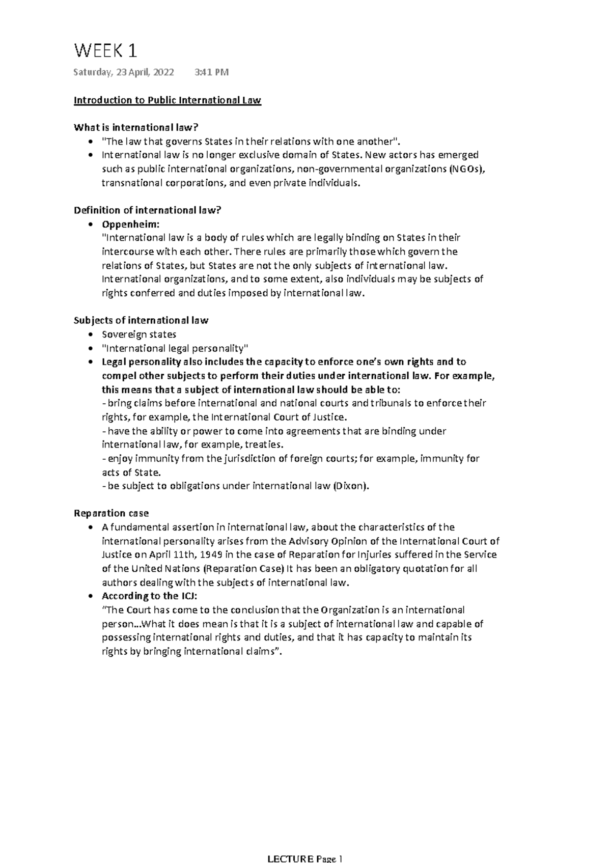 Public International LAW WEEK 2 Notes - Introduction to Public ...