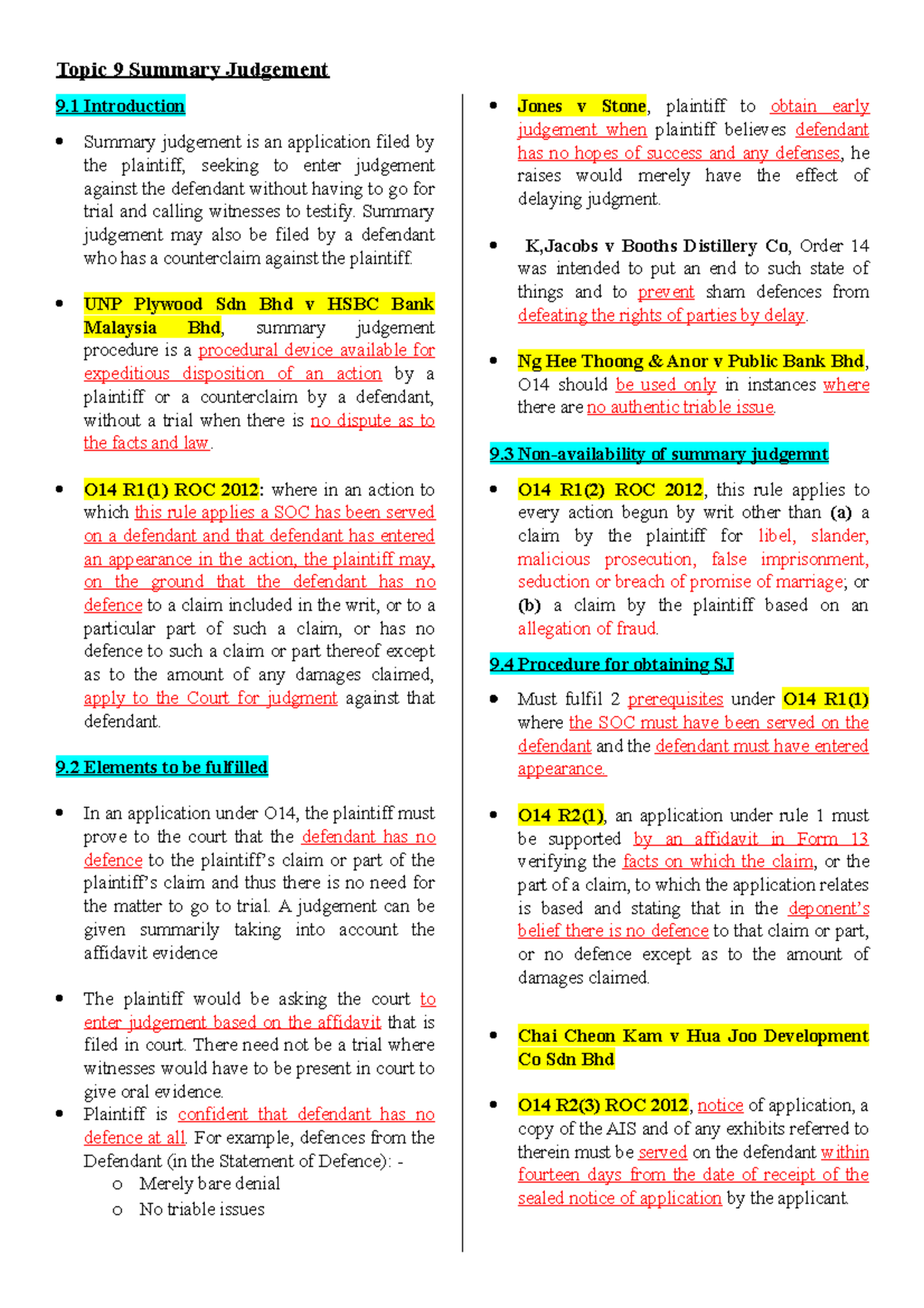 Civil Law Chapter 9: Summary Judgement Overview and Analysis - Studocu
