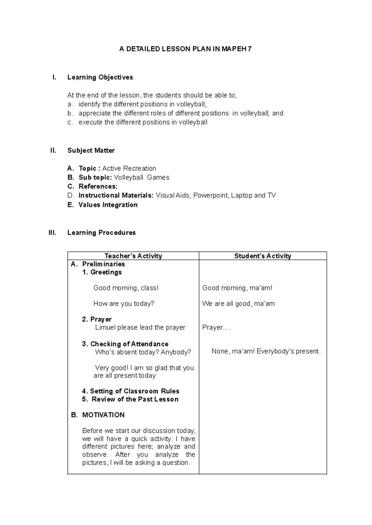 DLP MAPEH 7 - Detailed lesson plan on volleyball positions and roles ...