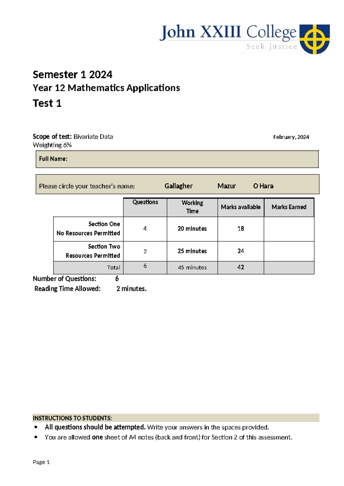 2024 T1 Year 12 Mathematics Applications Test 1: Bivariate Data Notes ...