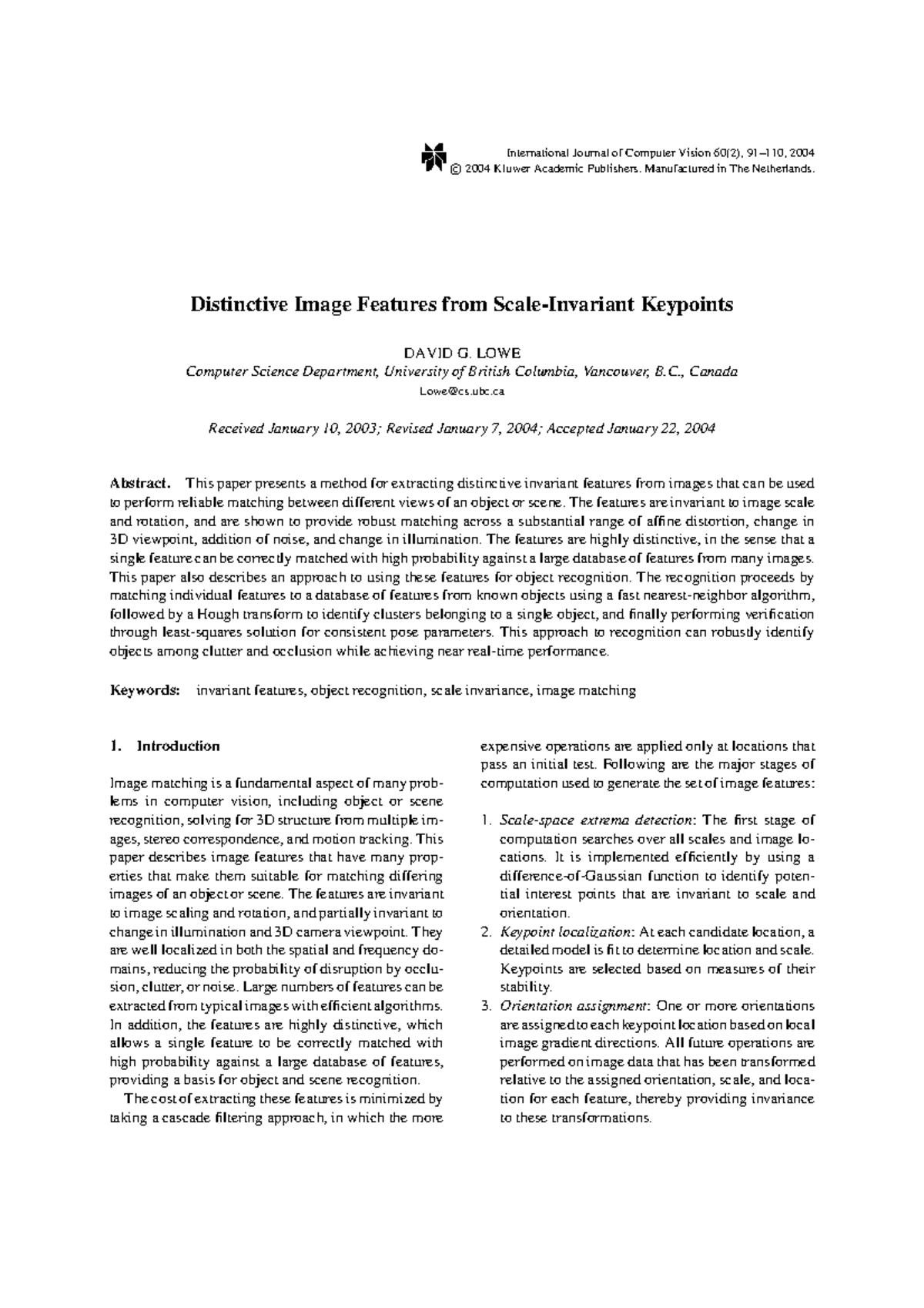 Distinctive Image Features for Image Matching in CS 05 - Studocu