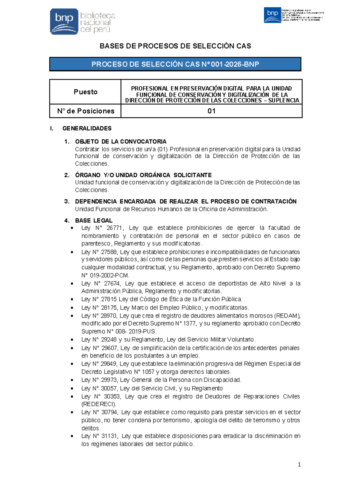 Bases CAS 001-2026-BNP: Proceso de Selección para Profesional en ...