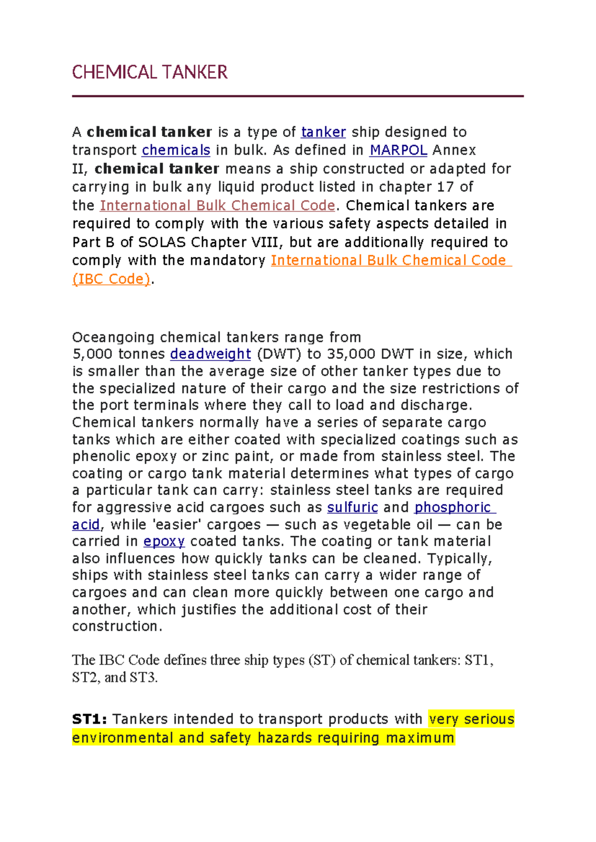 Chemical Tanker Notes: Design, Safety, and Regulations Overview - Studocu